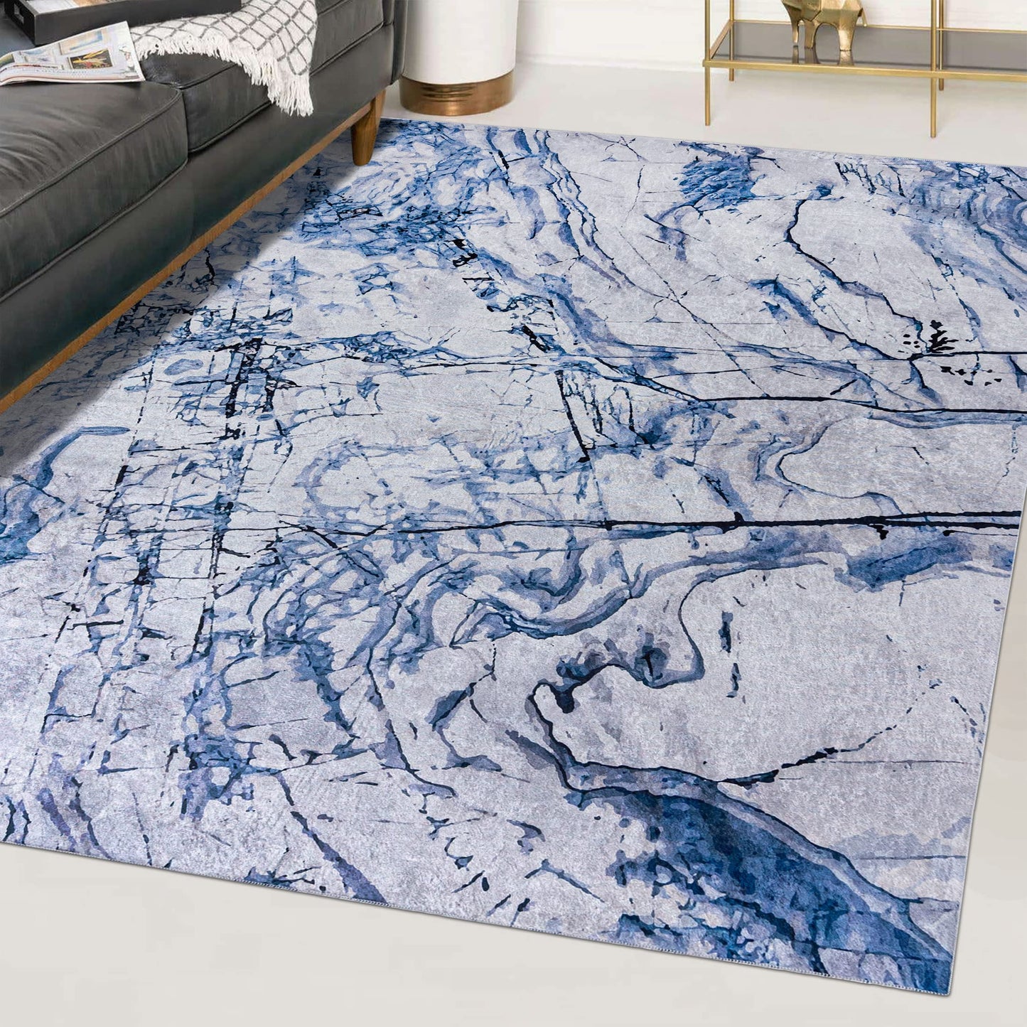 Mazovia Modern Teppich - Kurzflor Waschbar - Weich Teppich für Wohnzimmer, Schlafzimmer, Esszimmer – Teppiche Marmor Abstrakt Muster - Schwarz Gold 160 x 230 cm