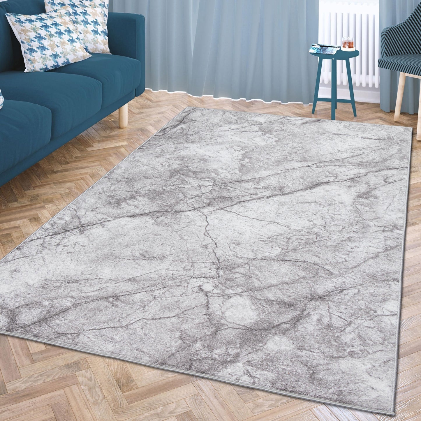 CARPETIA Modern Short Pile Living Room Rug Contour Cut Checked Abstract Grey Black White Turquoise Size 60 x 110 cm