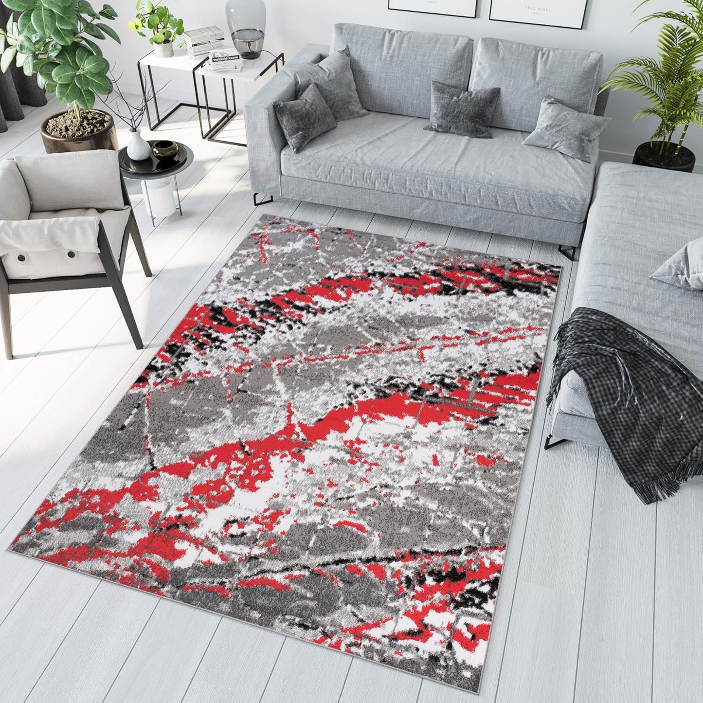 TAPISO Maya Short Pile Rug, Modern Blurred/Heathered/Striped Design, Black/Grey/Red/White, for Living Rooms, Bedrooms, OEKO-TEX, 200 x 300 cm