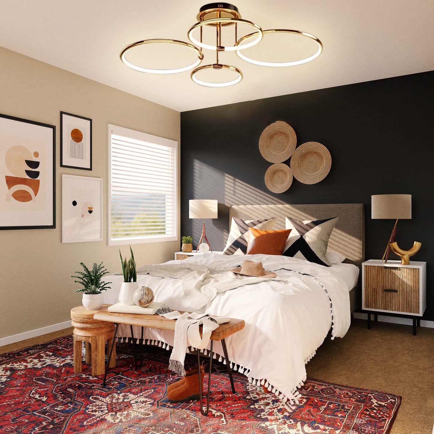 LED Deckenleuchte Modern Design Deckenlampen Gold 5-Ring Lampen Dimmbar Wohnzimmerlampe mit Fernbedienung, Aluminium Led Beleuchtung für Wohnzimmer Schlafzimmer Küche Esszimmer Büro 93cm, 108W…