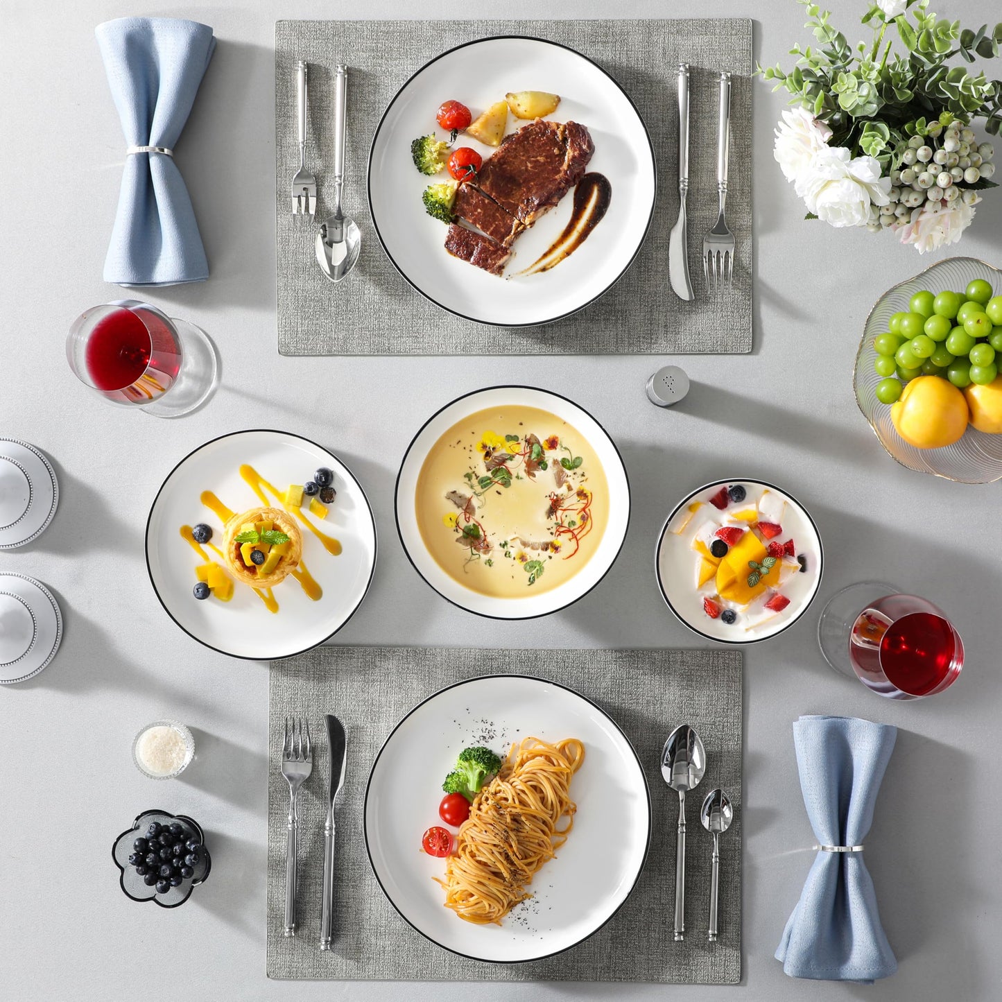 MALACASA Geschirrset 6 Personen, LUNA 24-tlg Tafelservice aus Weißem Porzellan, Modernes Geschirr Set mit je 6 Speiseteller, Dessertteller, Suppenteller und Müslischalen