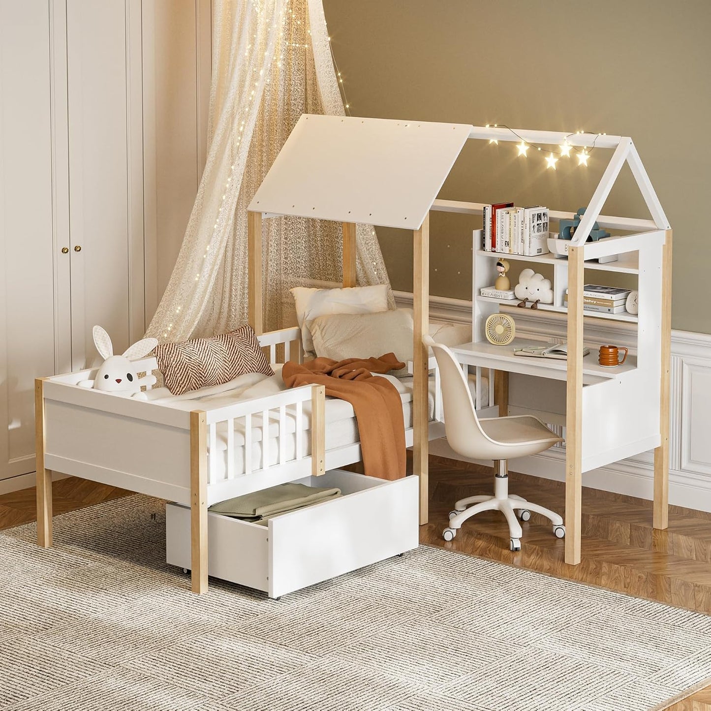 Merax Children's Bed 90 x 200 cm with Fall Protection, Children's House Bed with Drawers and Storage Shelf, Sturdy Wooden Tree House Bed with Slatted Frame, Play Bed for Boys and Girls, White