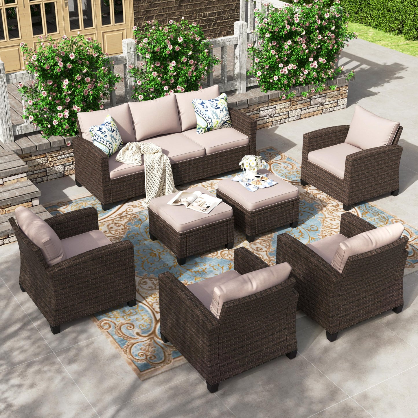 PHI VILLA Garden Furniture Set, Balcony Furniture, 5 Pieces, Rattan Lounge Furniture, Outdoor Garden Lounge Set, 7-Seater, Patio Furniture, Modular Furniture with Reinforced Cushions, Beige