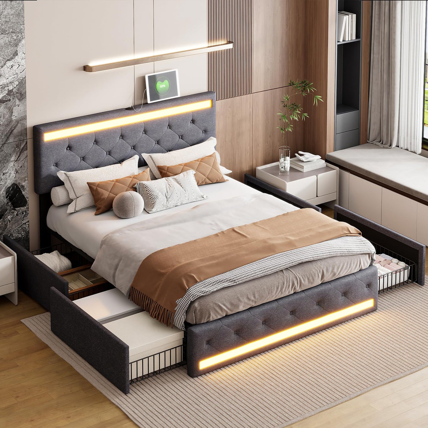 KeepGoon Doppelbett 140 x 200 cm,Polsterbett mit LED-Leuchten, 4 Eisenschubladen und einem USB Ladeanschluss,Stauraumbetten Bettgestell,Leinenstoff (Beige)