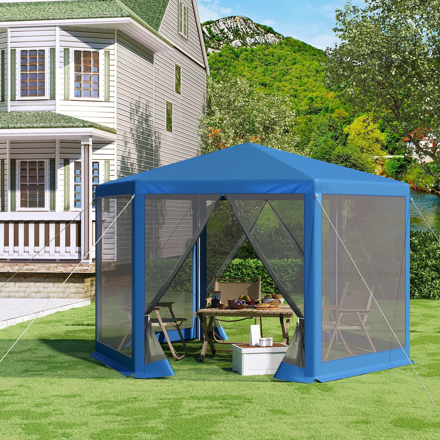 WOLTU Gazebo 3.8 x 3.3 m Square Garden Gazebo with Side Walls Mosquito Net Garden Arbour Metal Party Tent Easy Assembly without Tools for Garden Patio Yard Blue