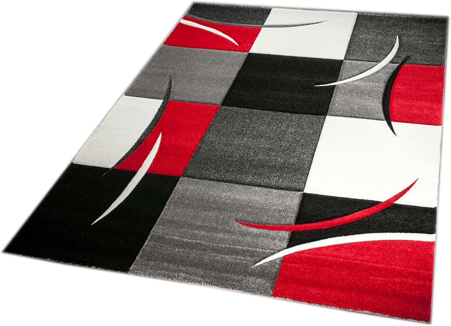 Designer Rug, Modern Short Pile Rug with Contour Cut, Chequered Pattern, Living Room, Red, Grey, White, Black