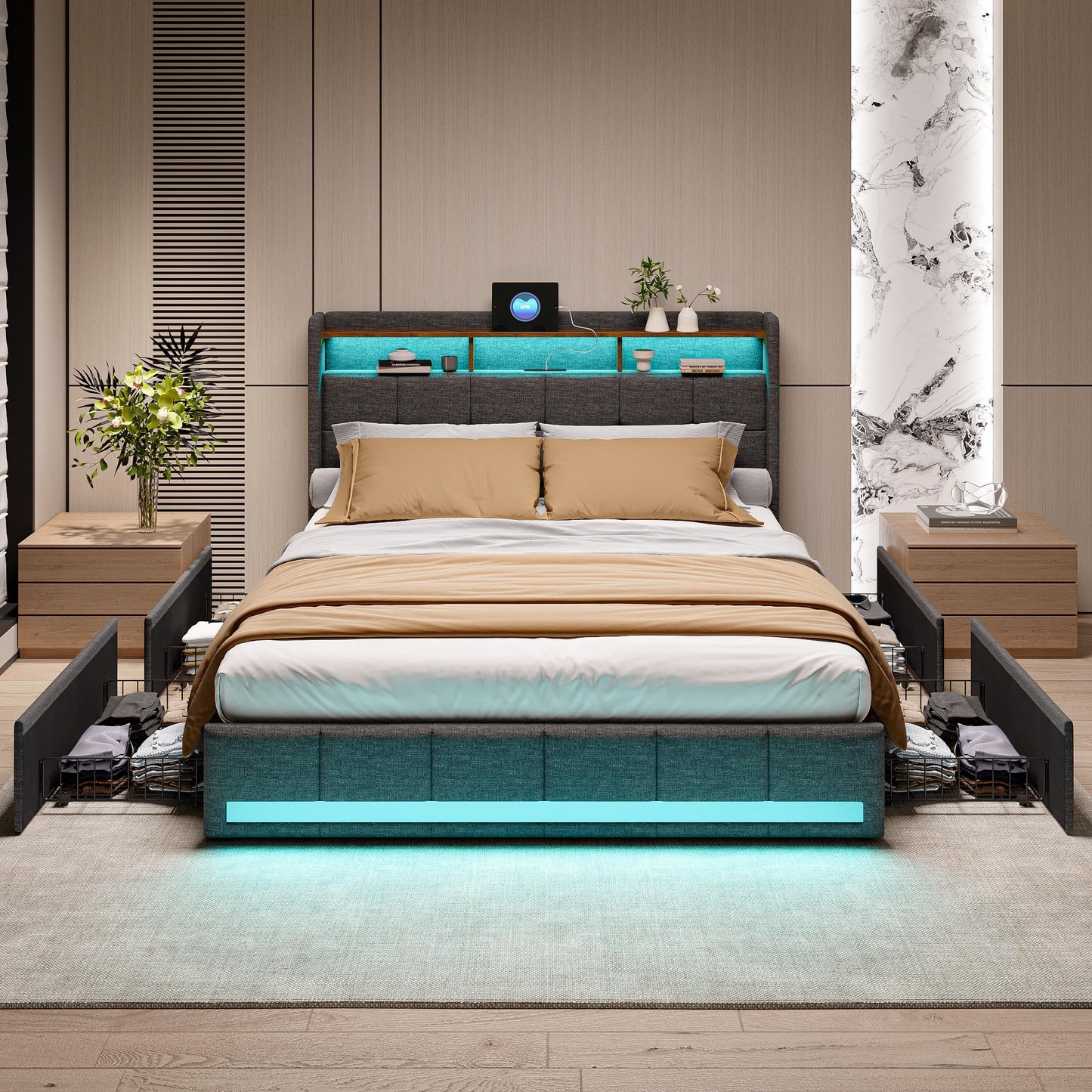 KeepGoon Doppelbett 140 x 200 cm,Polsterbett mit LED-Leuchten, 4 Eisenschubladen und einem USB Ladeanschluss,Stauraumbetten Bettgestell,Leinenstoff (Beige)