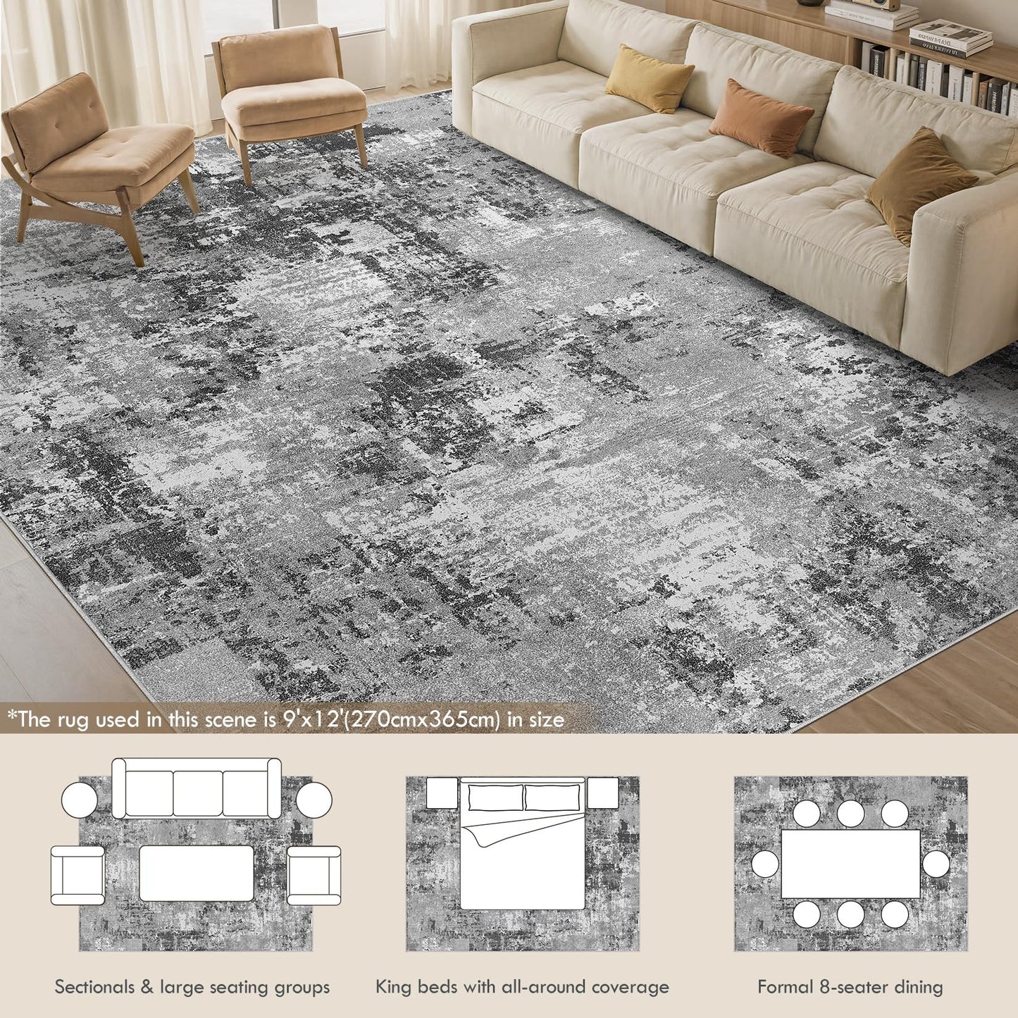 Tortania Washable 5x7 Area Rug for Living Room: Modern Abstract Neutral Large Soft Thin Rugs - Non Slip Indoor Carpet for Bedroom Dining Room Office Nursery Home Floor Decoration - Grey