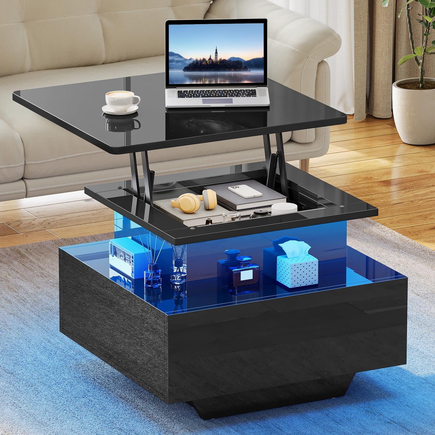 YITAHOME Coffee Table Height Adjustable with LED Lighting Modern 60 x 60 x 45 cm Living Room Table High Gloss with Open Display Shelf and 2 Drawers