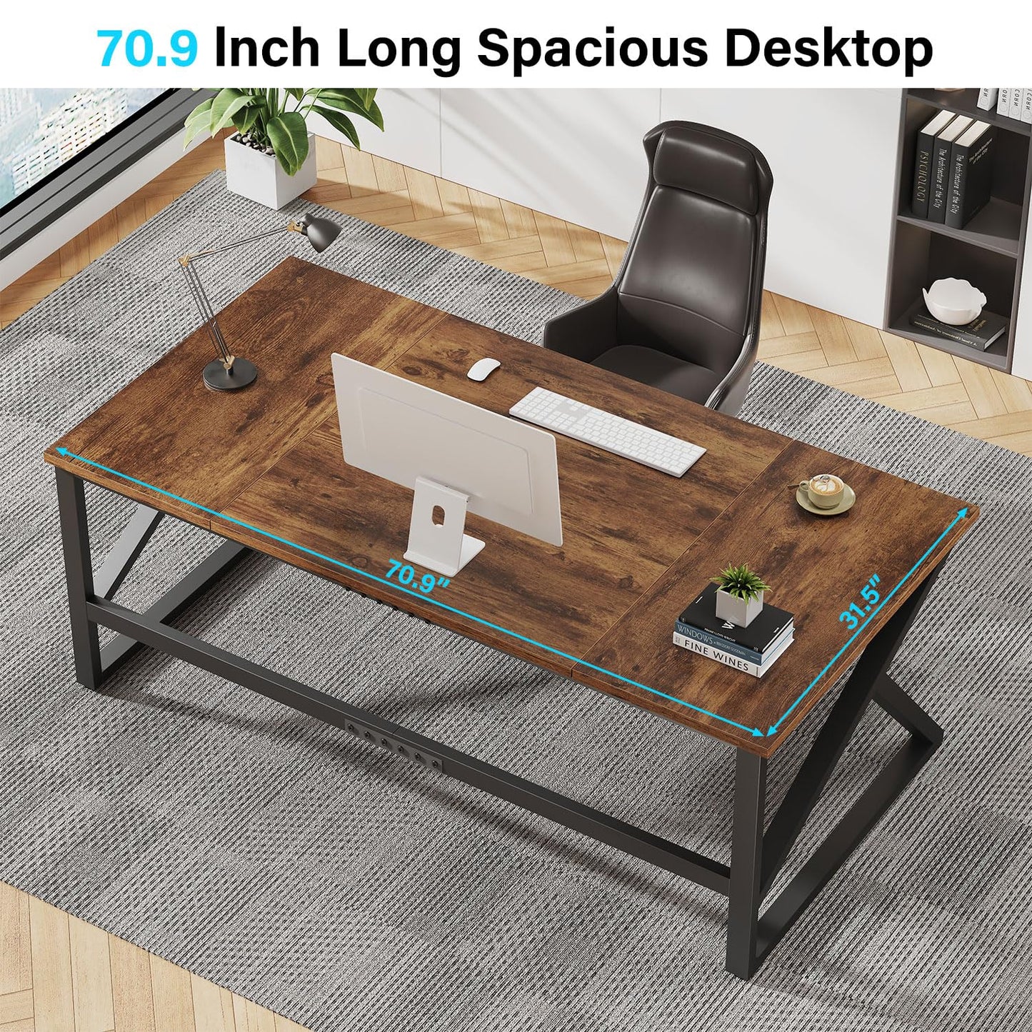 IBF Desk in Brown Colour with a Length of 70 Inches, Industrial Large Double Metal and Wood Desk for Computer, Long Office Table for Home