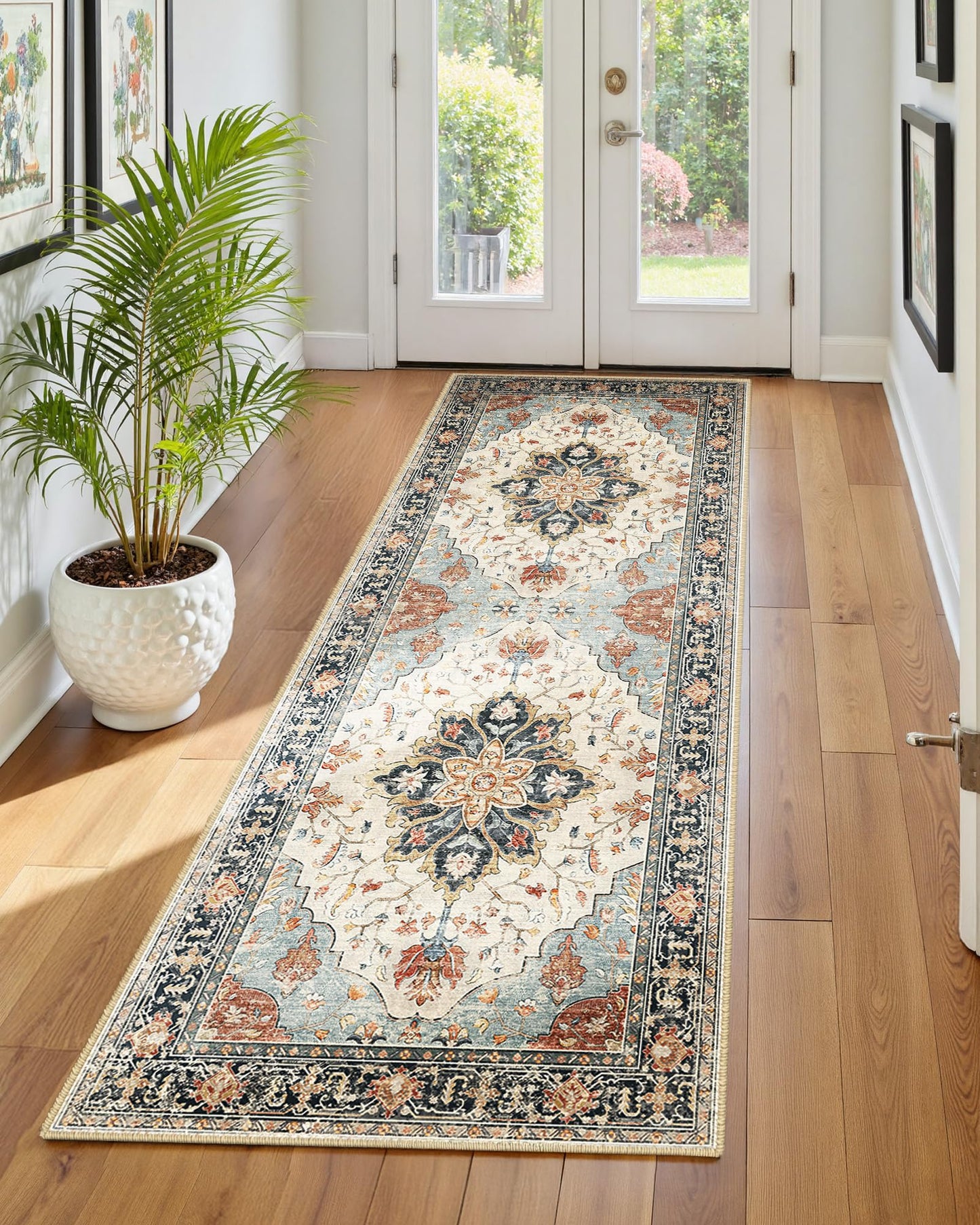 INOVADAY Vintage Waschbarer Teppich Wohnzimmer 90x150 cm Boho Kurzflor rutschfest Teppich Weich Teppiche mit Druckmuster für Schlafzimmer, Esszimmer, Büro Beige/Blau/Orange