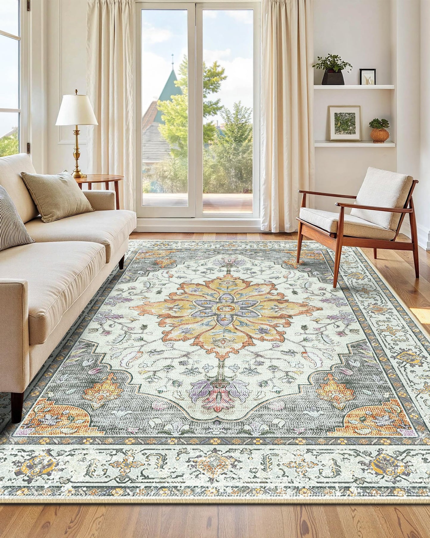 INOVADAY Vintage Waschbarer Teppich Wohnzimmer 90x150 cm Boho Kurzflor rutschfest Teppich Weich Teppiche mit Druckmuster für Schlafzimmer, Esszimmer, Büro Beige/Blau/Orange