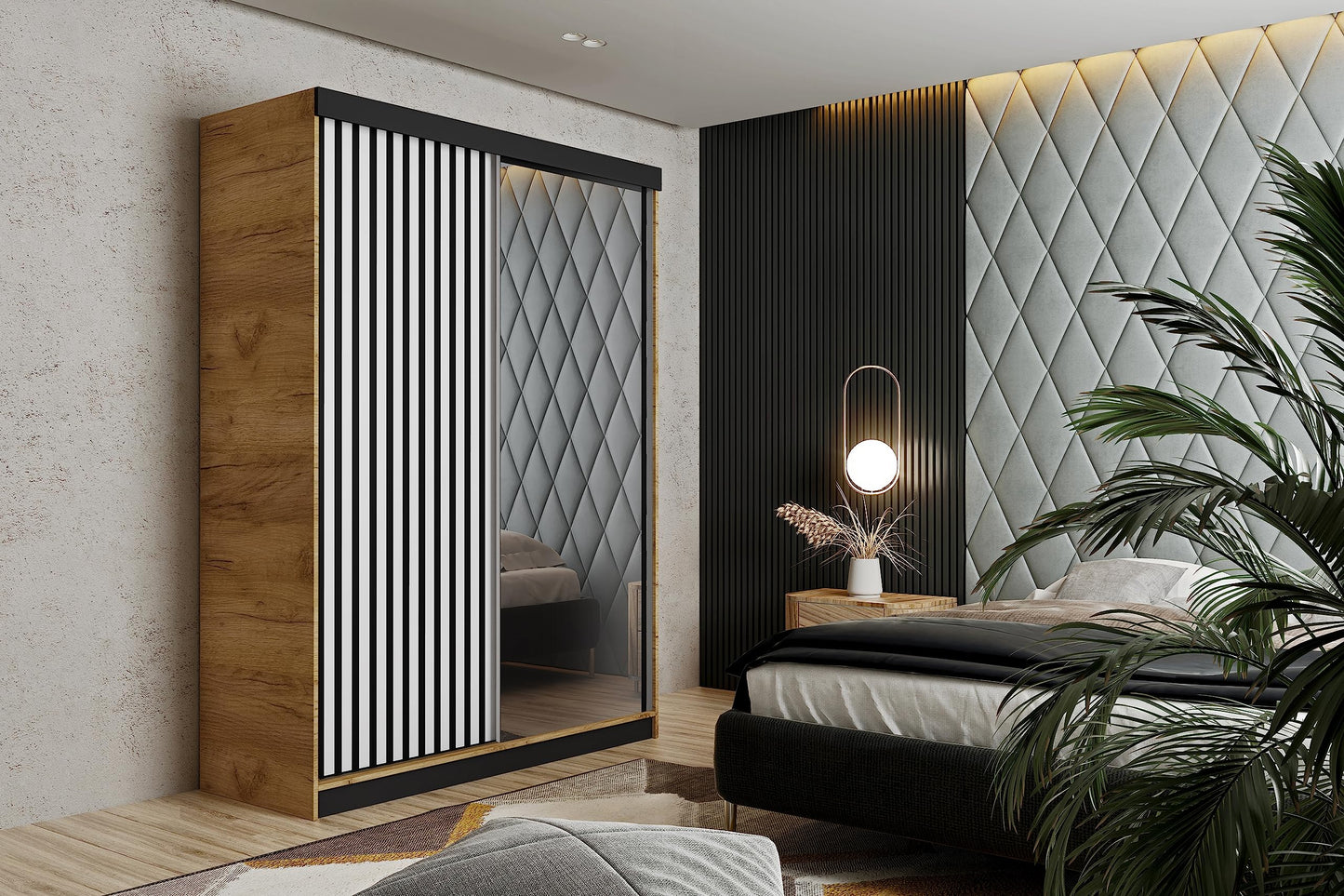 KIER FURNITURE Mehrzweckschrank Malani 200 Schiebetürenschrank - Eleganter Kleiderschrank Schrank Garderobe Spiegel - Wohnzimmerschrank Schiebetüren - Graphit Anthrazit 200x205x59 cm