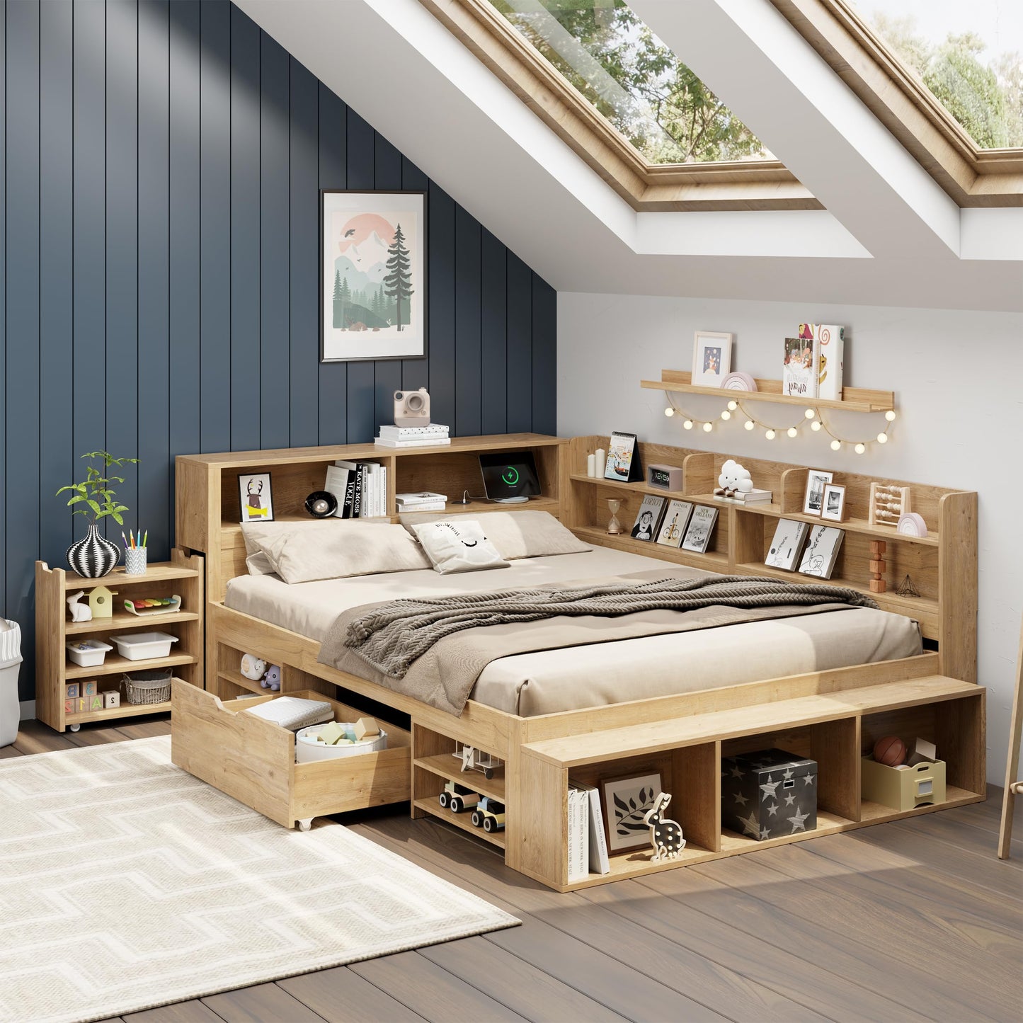 Children's Bed 90 x 200 cm, Wooden Bed with Drawers and Board, Headboard with Bookshelf and Fall Protection, Bed with Slatted Frame and Storage Space, Teenager's Bed, Functional Bed, Wooden Bed Frame,