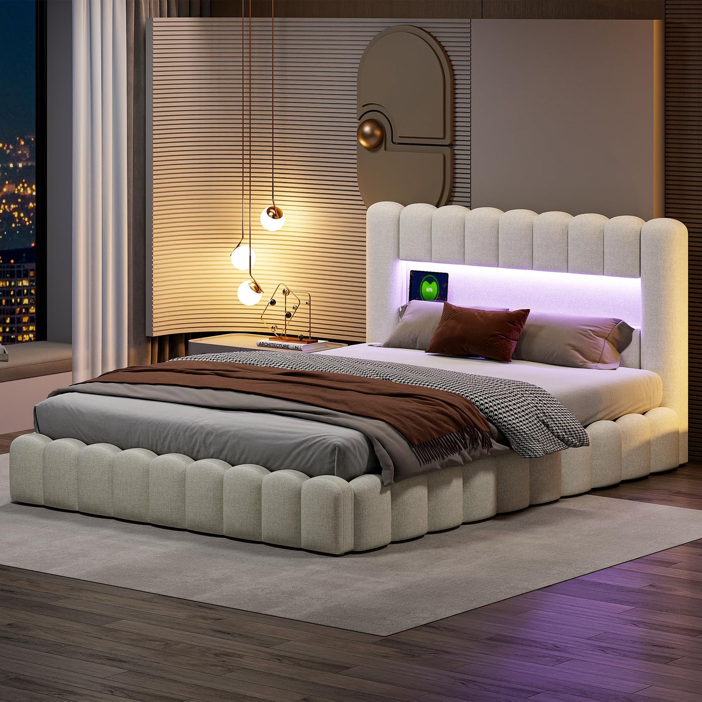 DULRLLY Bubble Bett Polsterbett 140x200 cm,Doppelbett mit Lattenrost, Jugendbett mit Gepolstertes Kopfteil, Gepolstertes Bett für Schlafzimmer und Gästezimmer,ohne Matratze, Leinenstoff (Weiß)