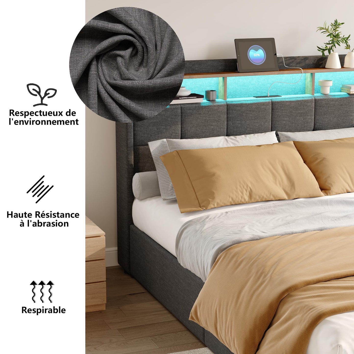 KeepGoon Doppelbett 140 x 200 cm,Polsterbett mit LED-Leuchten, 4 Eisenschubladen und einem USB Ladeanschluss,Stauraumbetten Bettgestell,Leinenstoff (Beige)