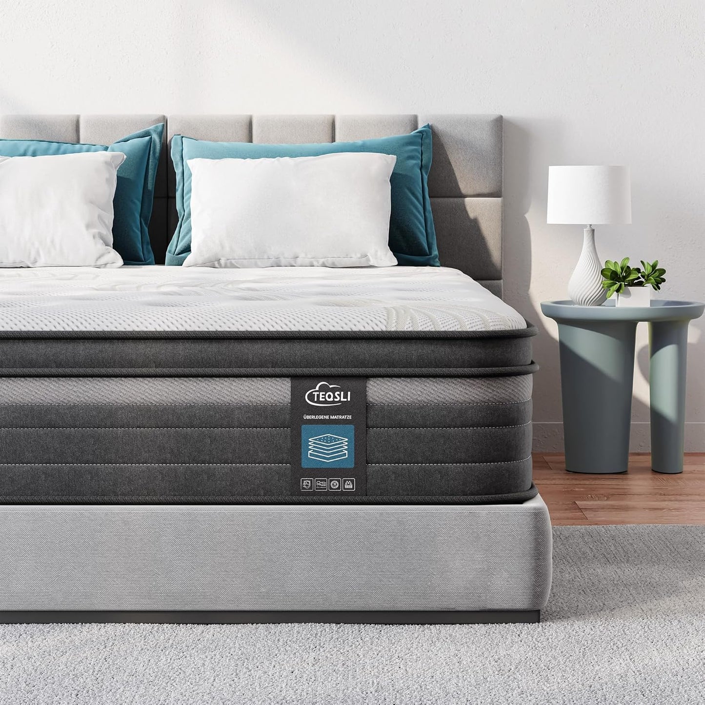 TeQsli Gel Taschenfederkernmatratze 140x200 cm 25 cm Höhe 9-Zonen Matratze H3 H4 Härtegrad, Orthopädische & Ergonomische Federkernmatratze mit Gel-Memory-Schaum, Öko-Tex & CertiPUR Zertifiziert