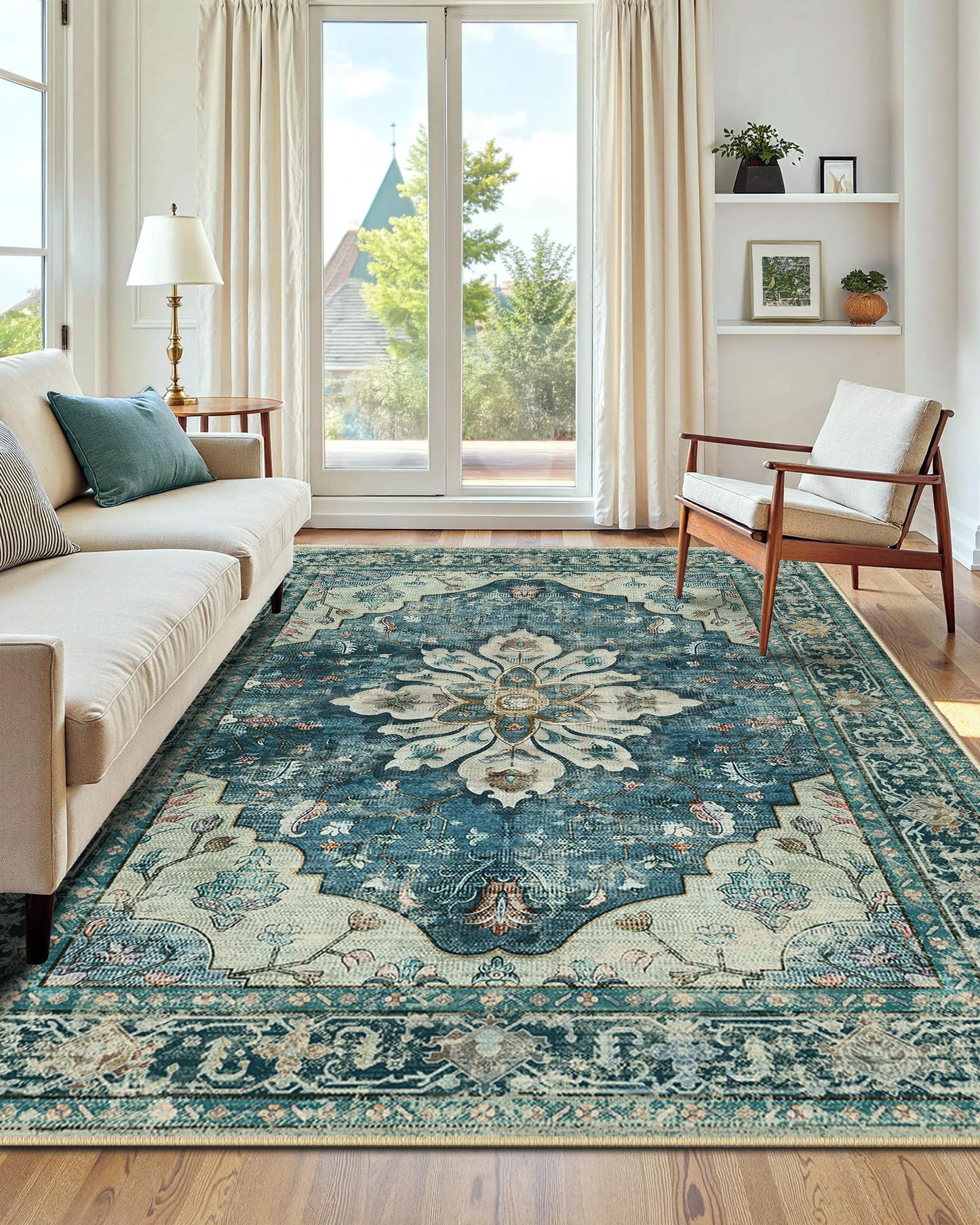 INOVADAY Vintage Waschbarer Teppich Wohnzimmer 90x150 cm Boho Kurzflor rutschfest Teppich Weich Teppiche mit Druckmuster für Schlafzimmer, Esszimmer, Büro Beige/Blau/Orange