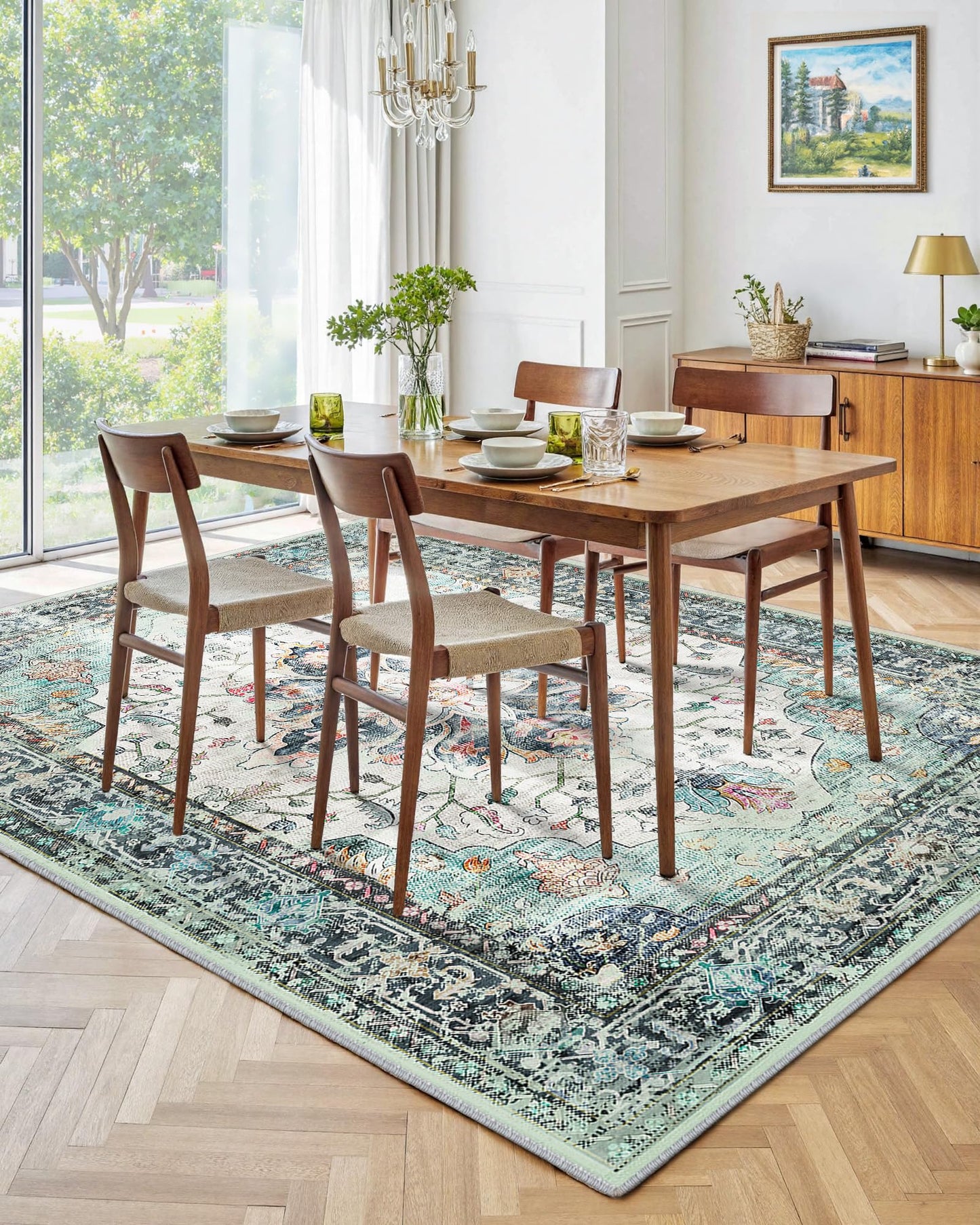 INOVADAY Vintage Waschbarer Teppich Wohnzimmer 90x150 cm Boho Kurzflor rutschfest Teppich Weich Teppiche mit Druckmuster für Schlafzimmer, Esszimmer, Büro Beige/Blau/Orange