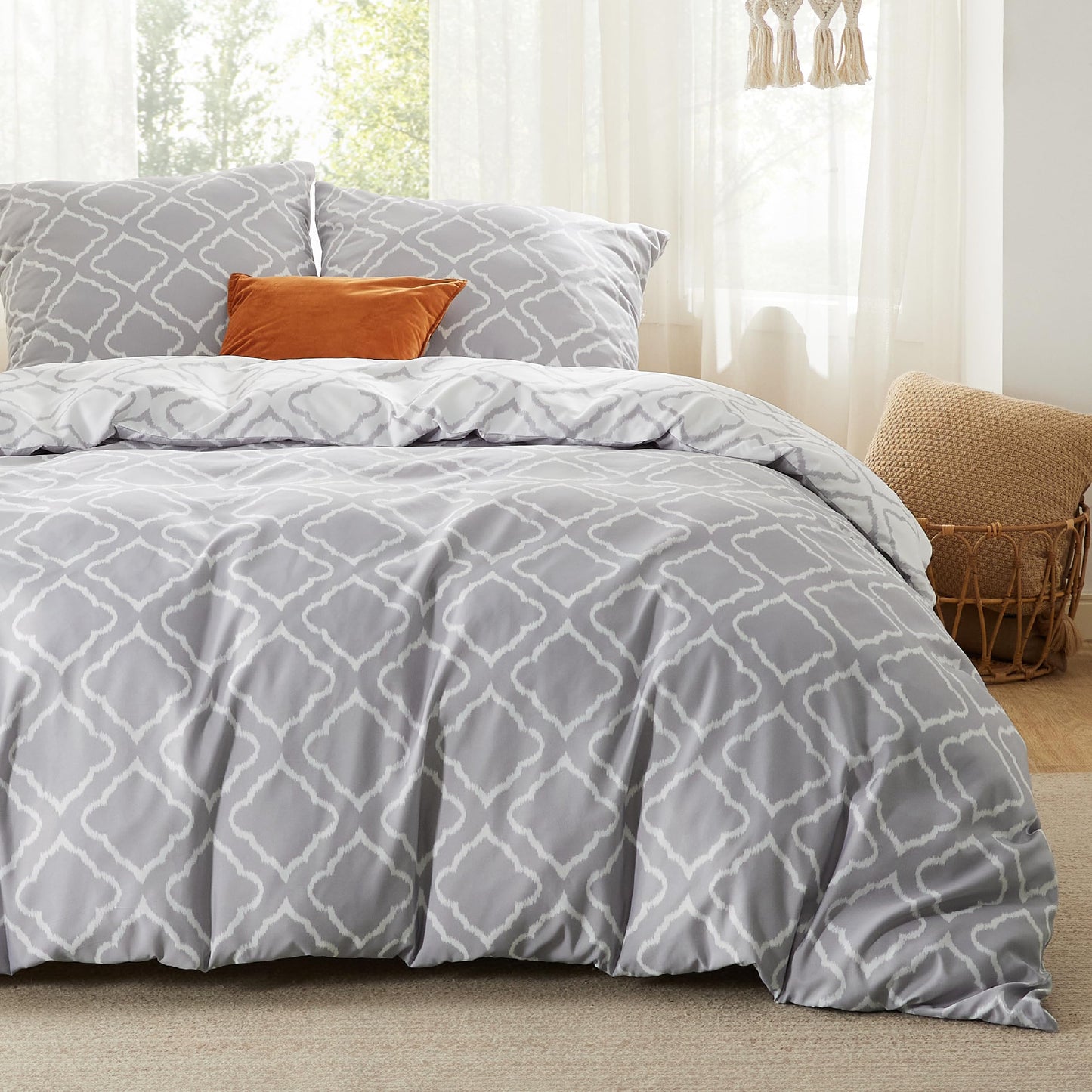 BEDSURE Bettwäsche 135x200 4teilig Bettbezug - Bettwäsche-Sets 135 x 200 cm 2er Set mit 2 Kissenbezüge 80x80cm, ÖKO-TEX Wendebettwäsche Bedding Zweige Grau Muster mit Reißverschluss