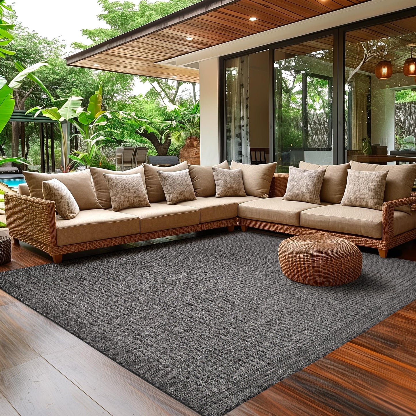 SIMPEX Outdoor Weatherproof Rug for Patio, Balcony, Garden, Kitchen, Plain Design, Flat Weave, Sisal Look, Washable Rug, Size: 140 x 200 cm, Colour: Beige