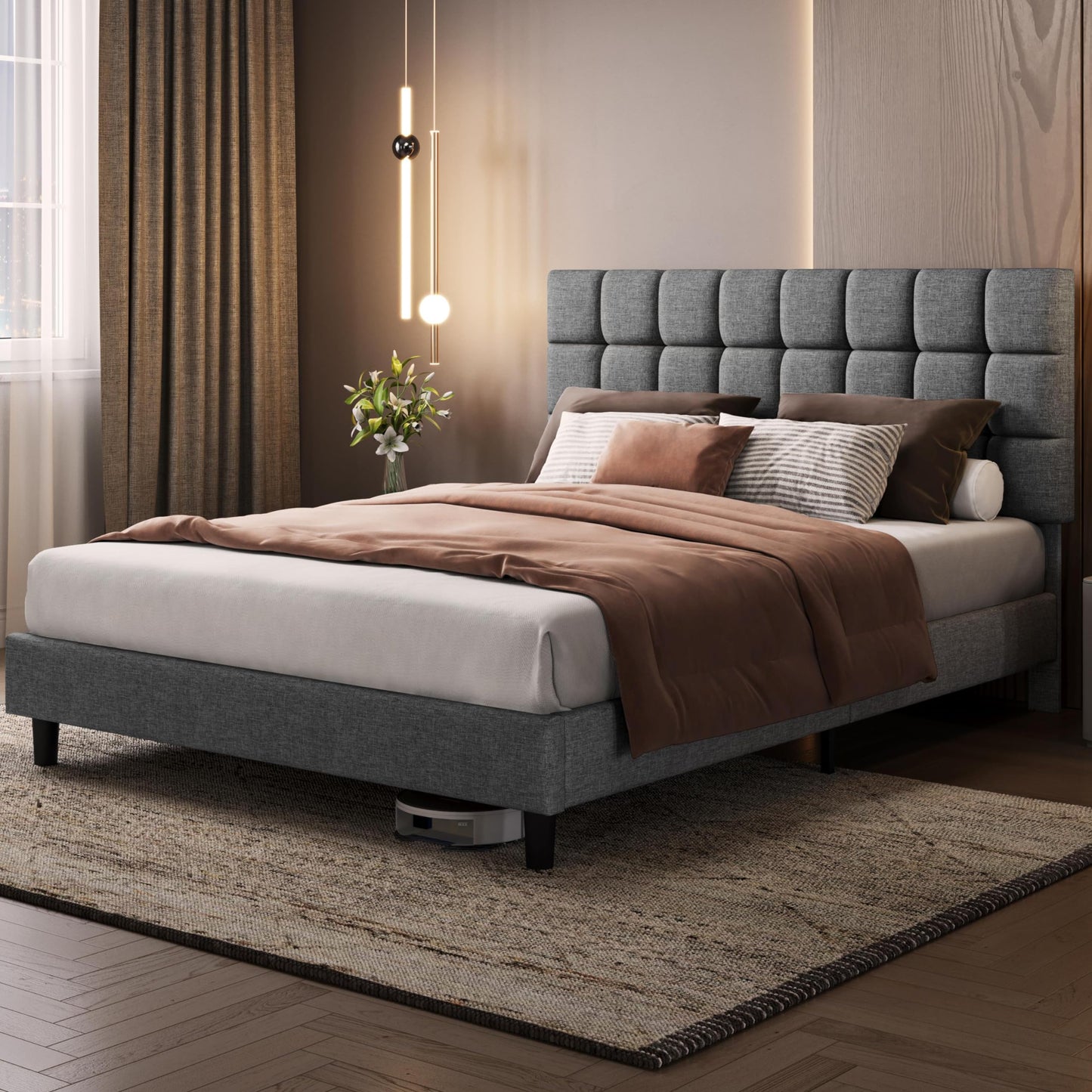 Yaheetech Upholstered Bed 140 x 200 cm Double Bed with Height-Adjustable Headboard, Sturdy Bed Frame, Fabric Bed with Slatted Frame, Padded Bed Frame, Youth Bed, Dark Grey