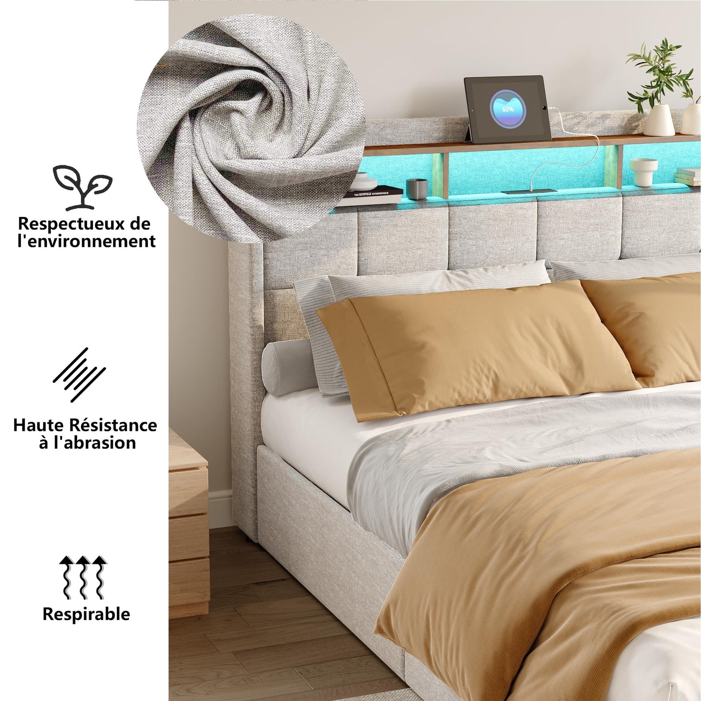 KeepGoon Doppelbett 140 x 200 cm,Polsterbett mit LED-Leuchten, 4 Eisenschubladen und einem USB Ladeanschluss,Stauraumbetten Bettgestell,Leinenstoff (Beige)
