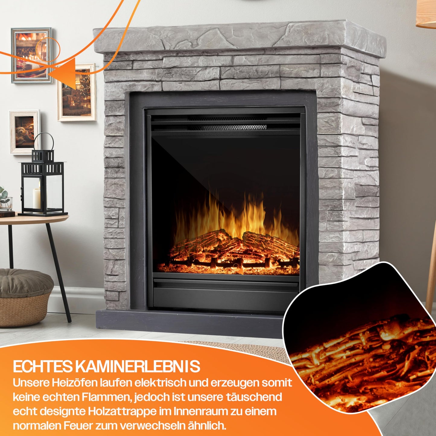 KESSER® Electric Fireplace with LED 3D Flame Effect, Heating Function, 1,800 W Power, Timer, Thermostat, Remote Control, Dimmable, Stone Look/Grey