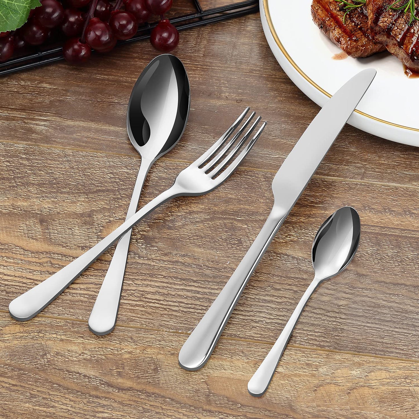 BEWOS Besteckset für 6 Personen, 30-teiliges Besteckset aus Edelstahl, Besteckset aus Silber, inklusive Messer, Gabeln und Löffel, hochglanzpoliert und spülmaschinenfest