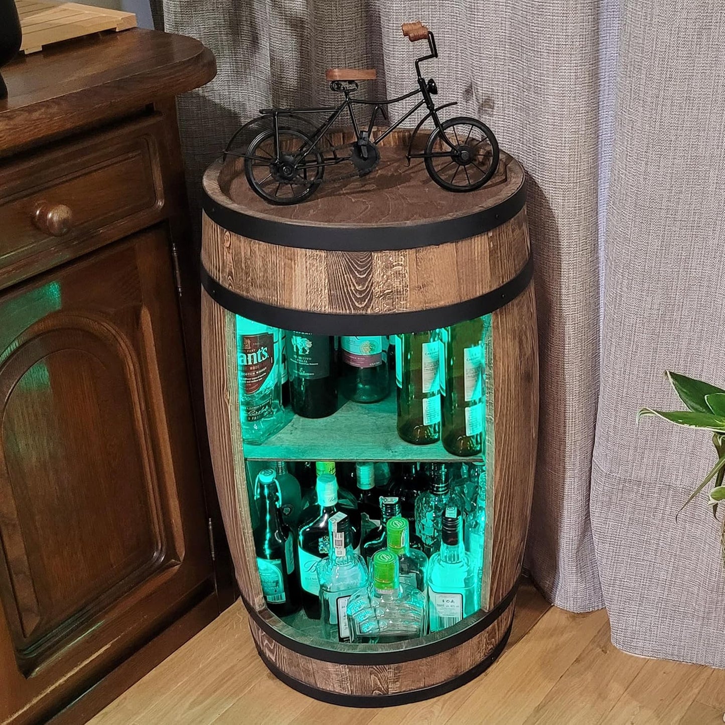 weeco Weinfass als Weinregal - Weinschrank Barschrank LED RGB Leuchten, Bar Tisch aus Holzfass, Wein Rack Flaschenständer deko Fassbier/hausbar Komodenschrank Holz Fass fur Wohnzimmer