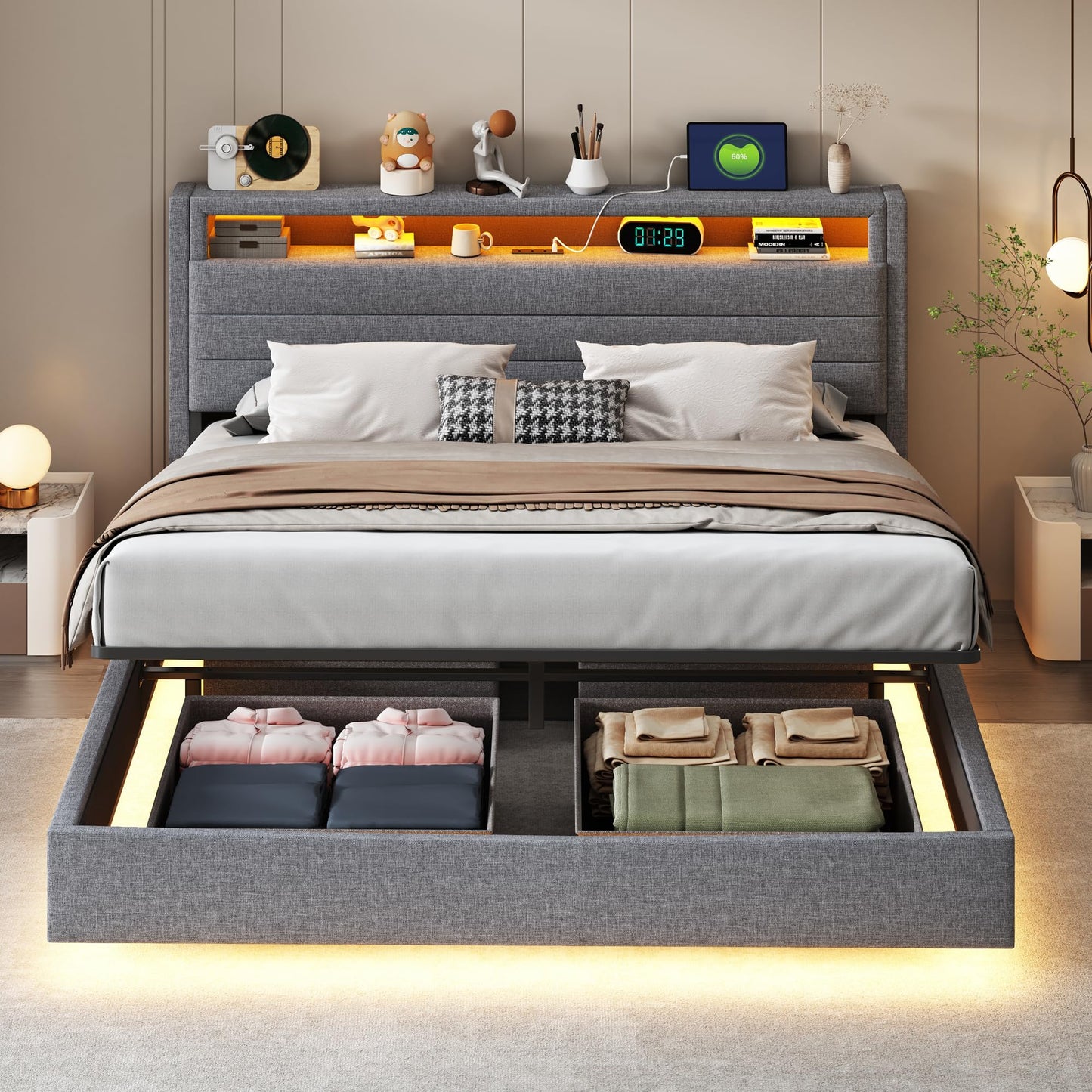 LAKFEW Upholstered Bed 140 x 200 cm, Double Bed Functional Bed with USB Socket and LED Lighting, Hanging Bed Headboard with Concealed Storage Space, Bed Frame Bed with Slatted Frame, Linen, Without