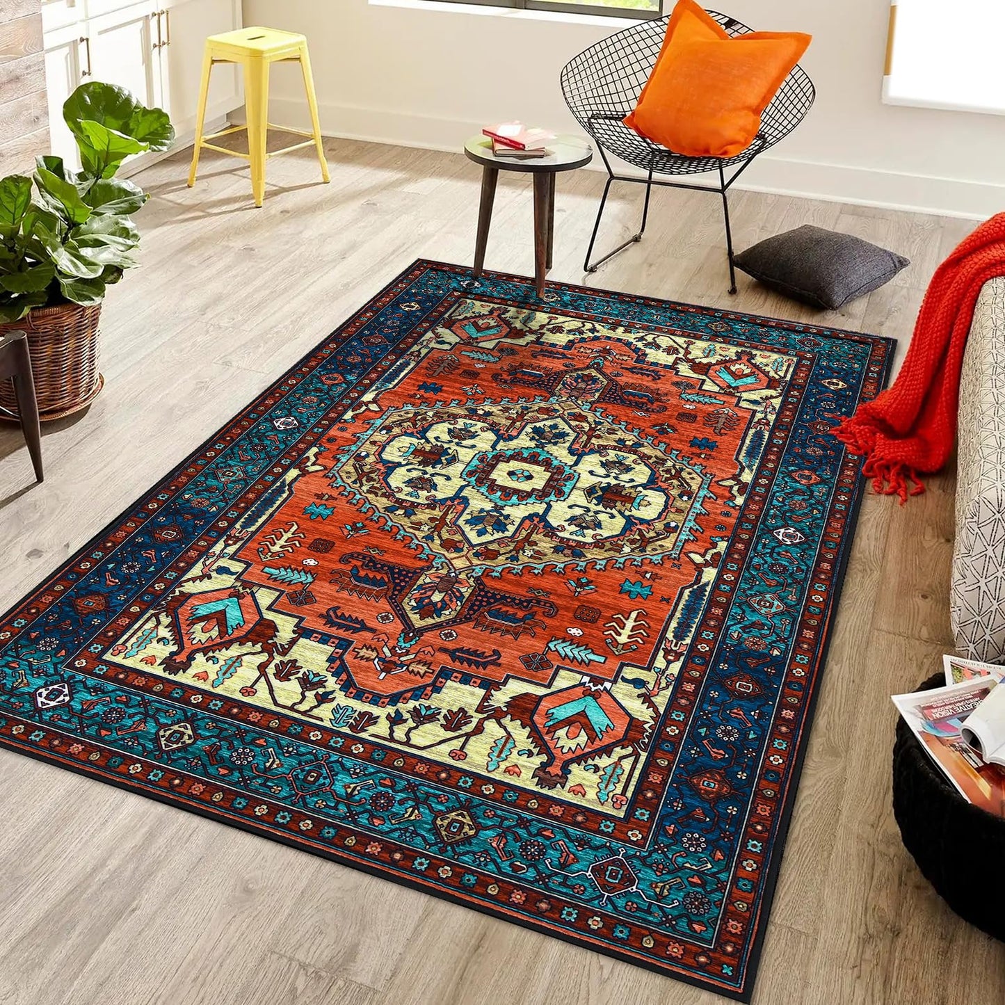 WONGS BEDDING Boho Rug Living Room Bedroom Short Pile Rugs Washable Soft Non-Slip Vintage Design