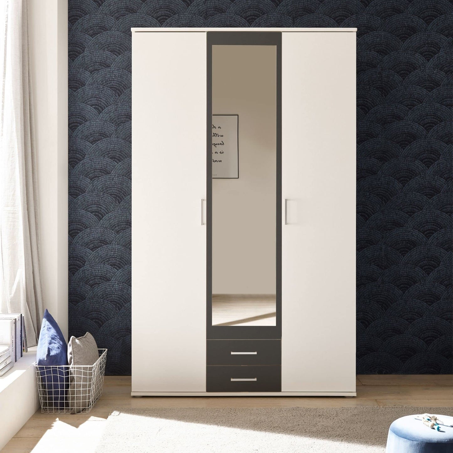 Stella Trading HANAU Wardrobe with Mirror Door in White, Graphite, Versatile Hinged Door Cupboard, 4 Doors for Your Bedroom, 160 x 196 x 54 cm (W x H x D)