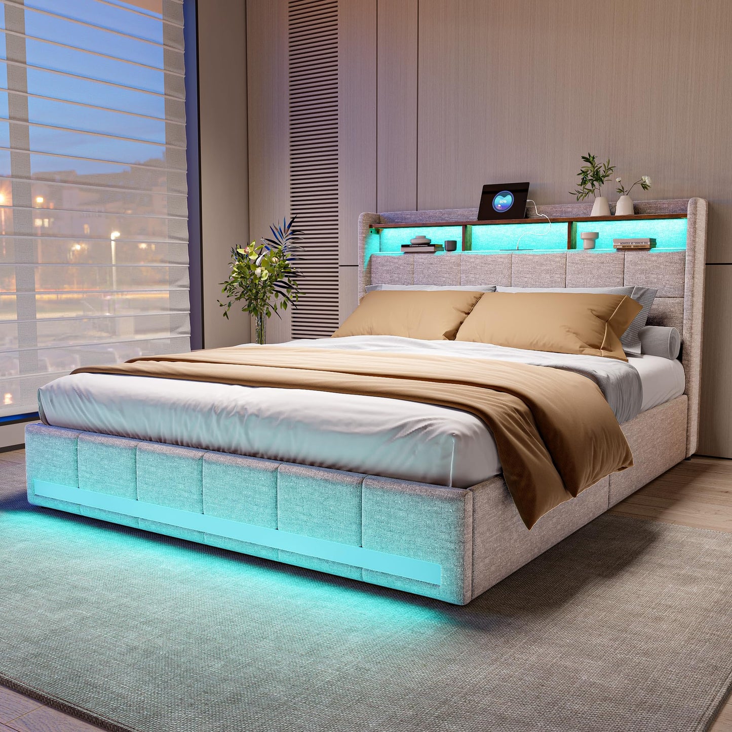 KeepGoon Doppelbett 140 x 200 cm,Polsterbett mit LED-Leuchten, 4 Eisenschubladen und einem USB Ladeanschluss,Stauraumbetten Bettgestell,Leinenstoff (Beige)