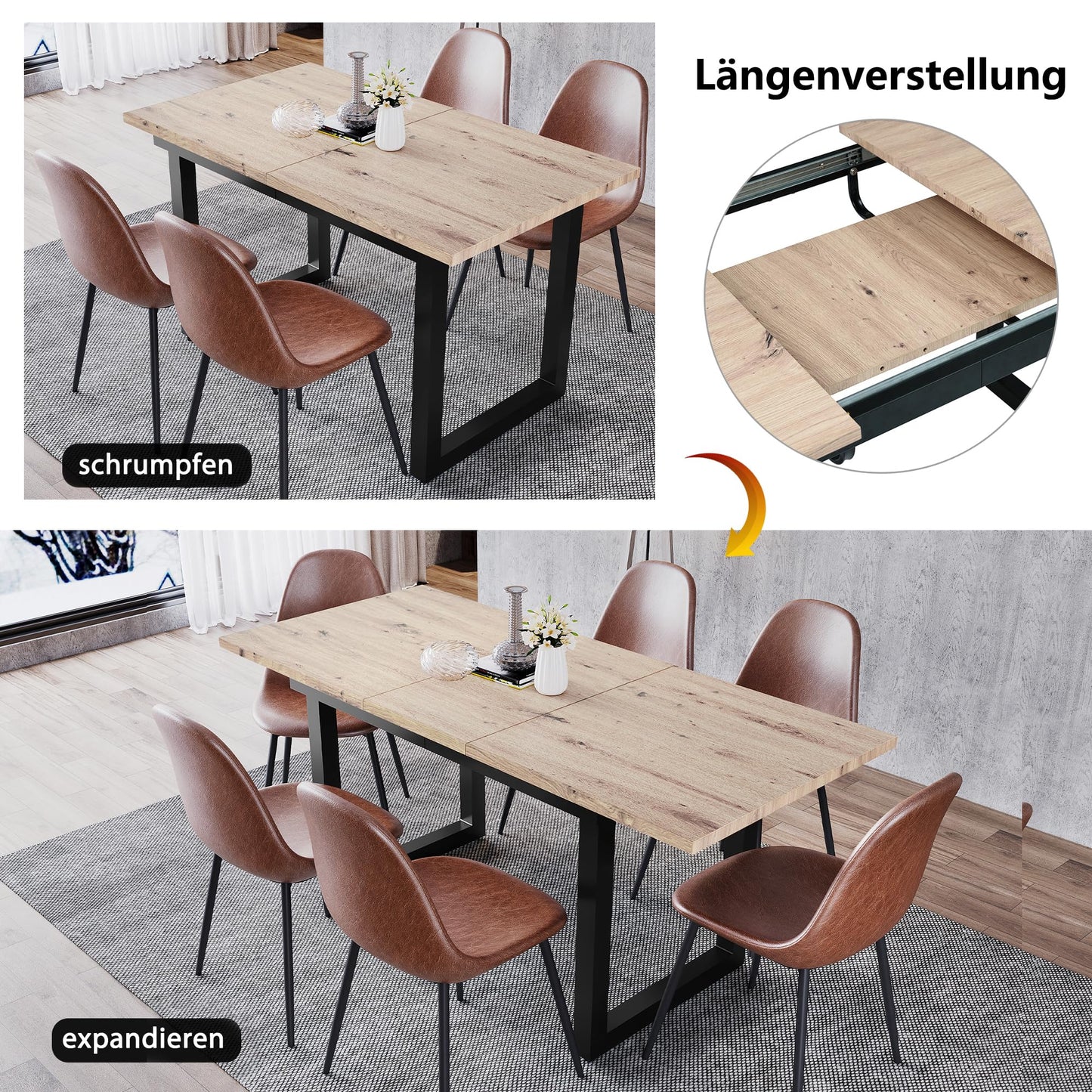 Merax Esstisch, Ausziehbar Esszimmertisch mit Tischbeine aus Metall, Rechteckiger Küchentisch für Wohnzimmer und Esszimmer, Grau
