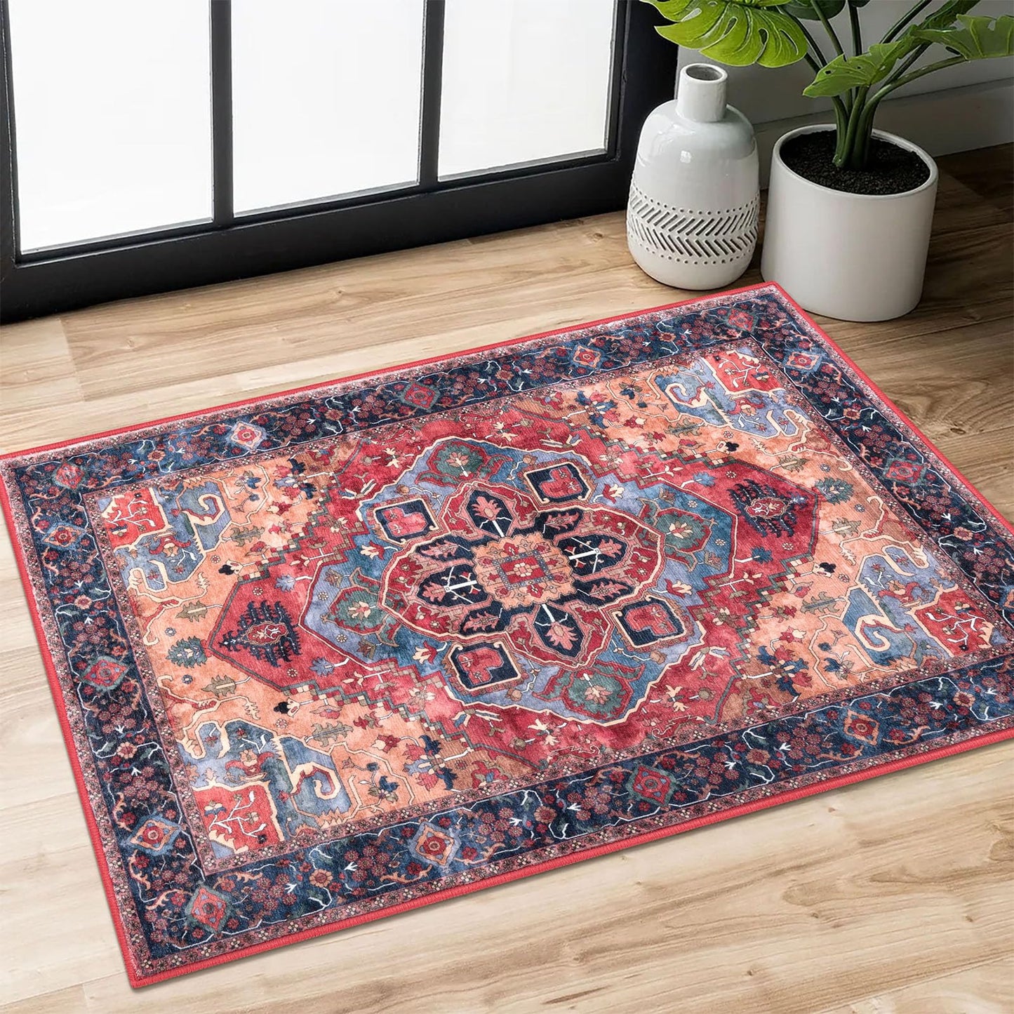 2x3 Blue Washable Rug for Entrance, Soft Traditional Area Rug, Non-Slip Printed Kitchen Rugs, Low-Pile Medallion Indoor Door Mat, Small Farmhouse Carpet for Entryway Kitchen Foyer Bedside