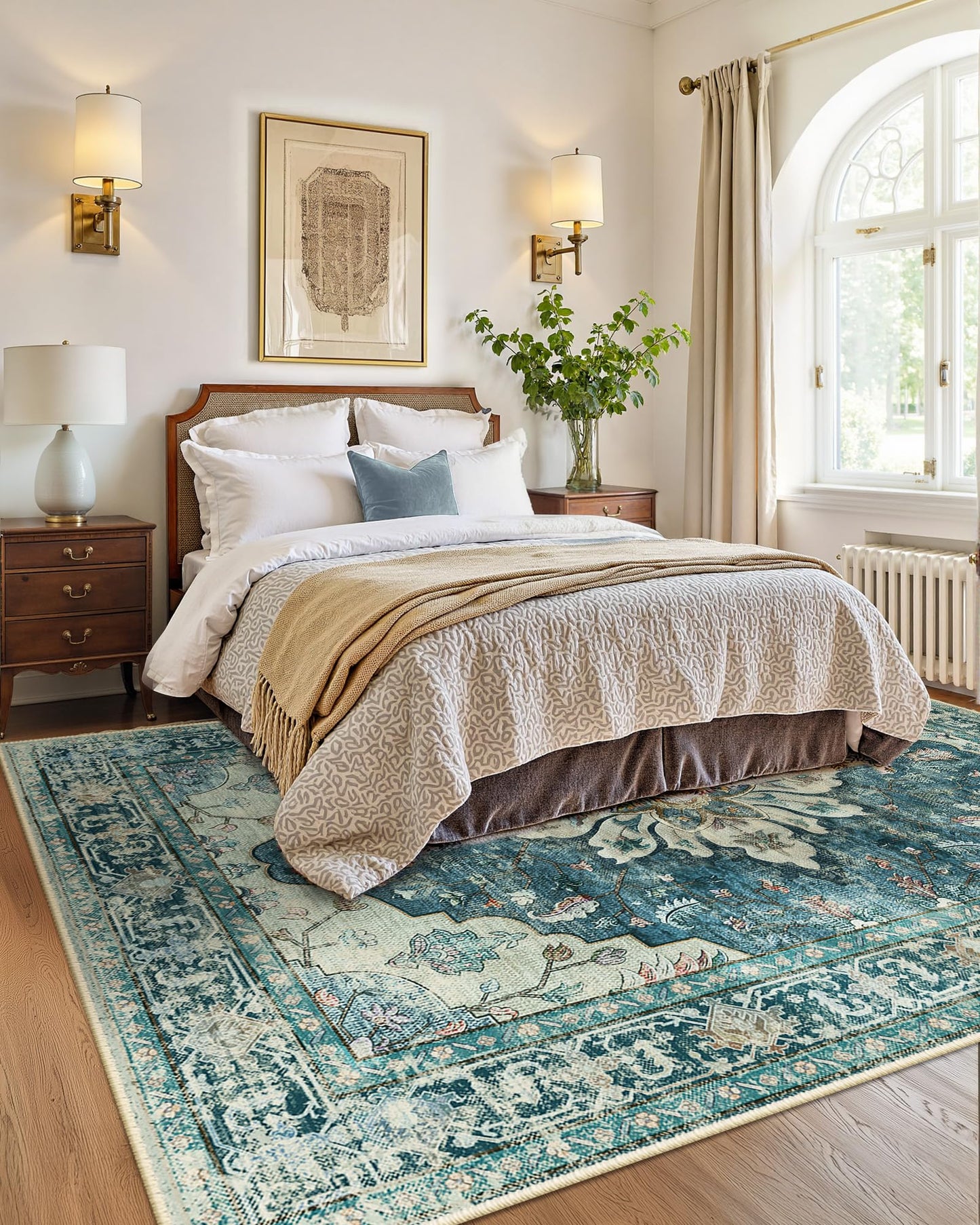 INOVADAY Vintage Waschbarer Teppich Wohnzimmer 90x150 cm Boho Kurzflor rutschfest Teppich Weich Teppiche mit Druckmuster für Schlafzimmer, Esszimmer, Büro Beige/Blau/Orange