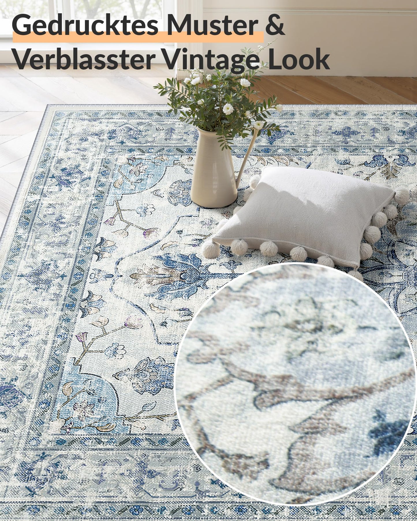 INOVADAY Vintage Waschbarer Teppich Wohnzimmer 90x150 cm Boho Kurzflor rutschfest Teppich Weich Teppiche mit Druckmuster für Schlafzimmer, Esszimmer, Büro Beige/Blau/Orange