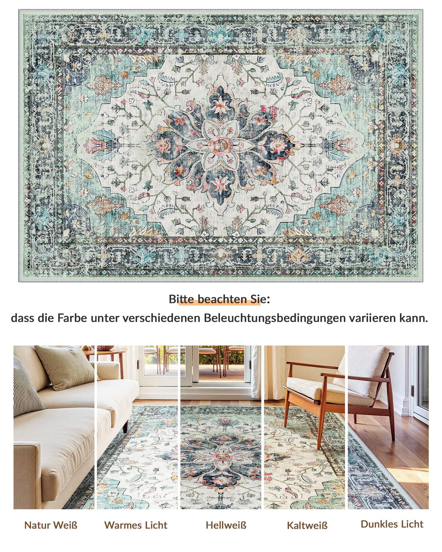 INOVADAY Vintage Waschbarer Teppich Wohnzimmer 90x150 cm Boho Kurzflor rutschfest Teppich Weich Teppiche mit Druckmuster für Schlafzimmer, Esszimmer, Büro Beige/Blau/Orange
