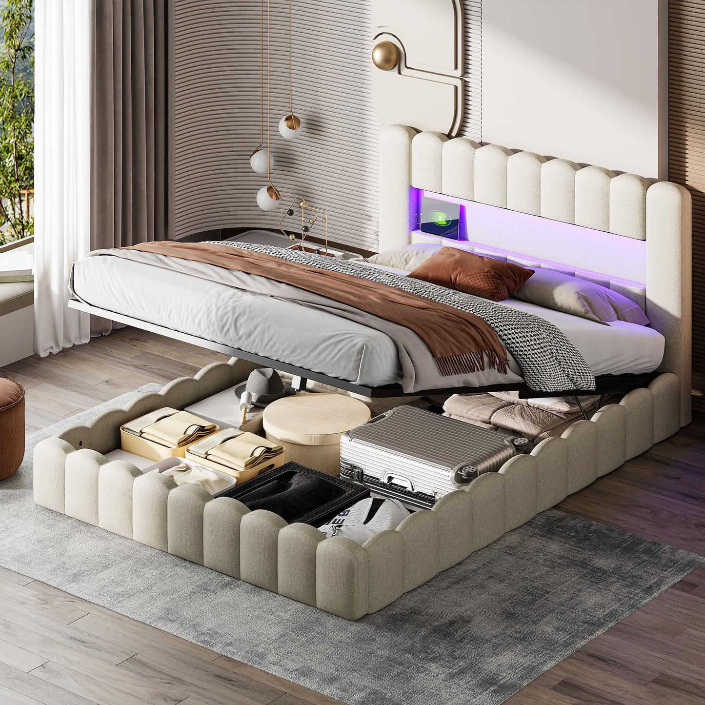 DULRLLY Bubble Bett Polsterbett 140x200 cm,Doppelbett mit Lattenrost, Jugendbett mit Gepolstertes Kopfteil, Gepolstertes Bett für Schlafzimmer und Gästezimmer,ohne Matratze, Leinenstoff (Weiß)