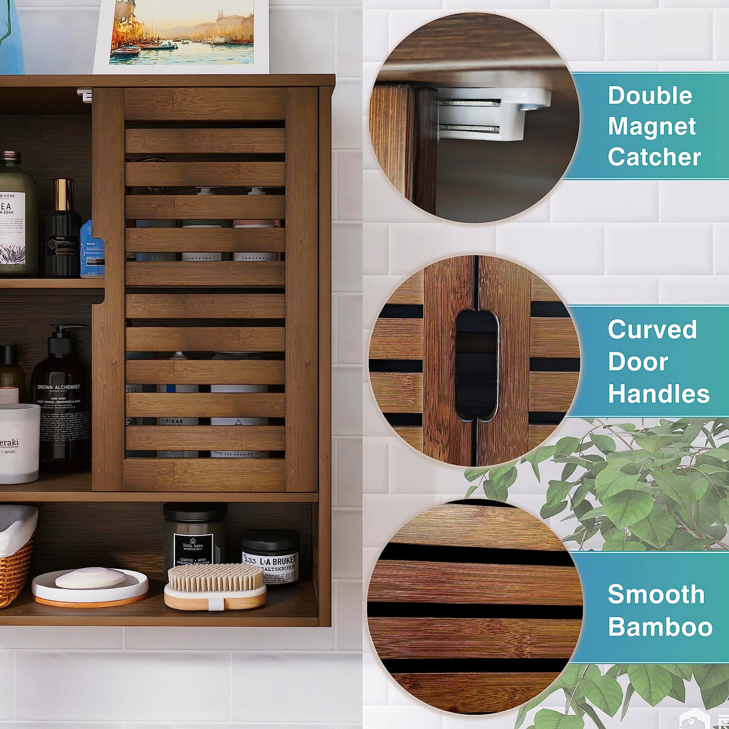 SMIBUY Bathroom Cabinet, Wall Mounted, Bamboo Over the Toilet Storage Organiser, Space Saving Medicine Cabinet with 2 Doors and Adjustable Shelves (Black)