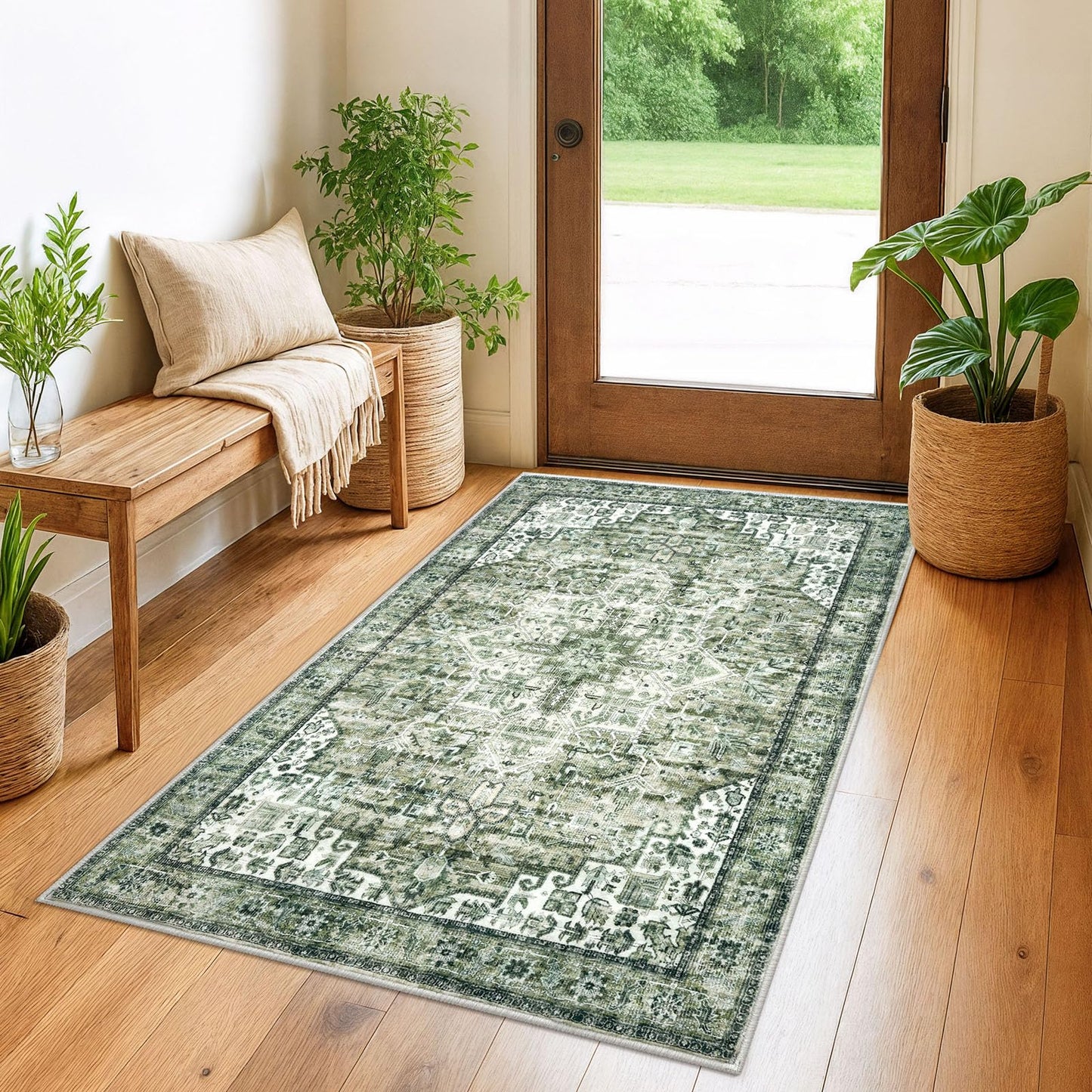 2x3 Blue Washable Rug for Entrance, Soft Traditional Area Rug, Non-Slip Printed Kitchen Rugs, Low-Pile Medallion Indoor Door Mat, Small Farmhouse Carpet for Entryway Kitchen Foyer Bedside