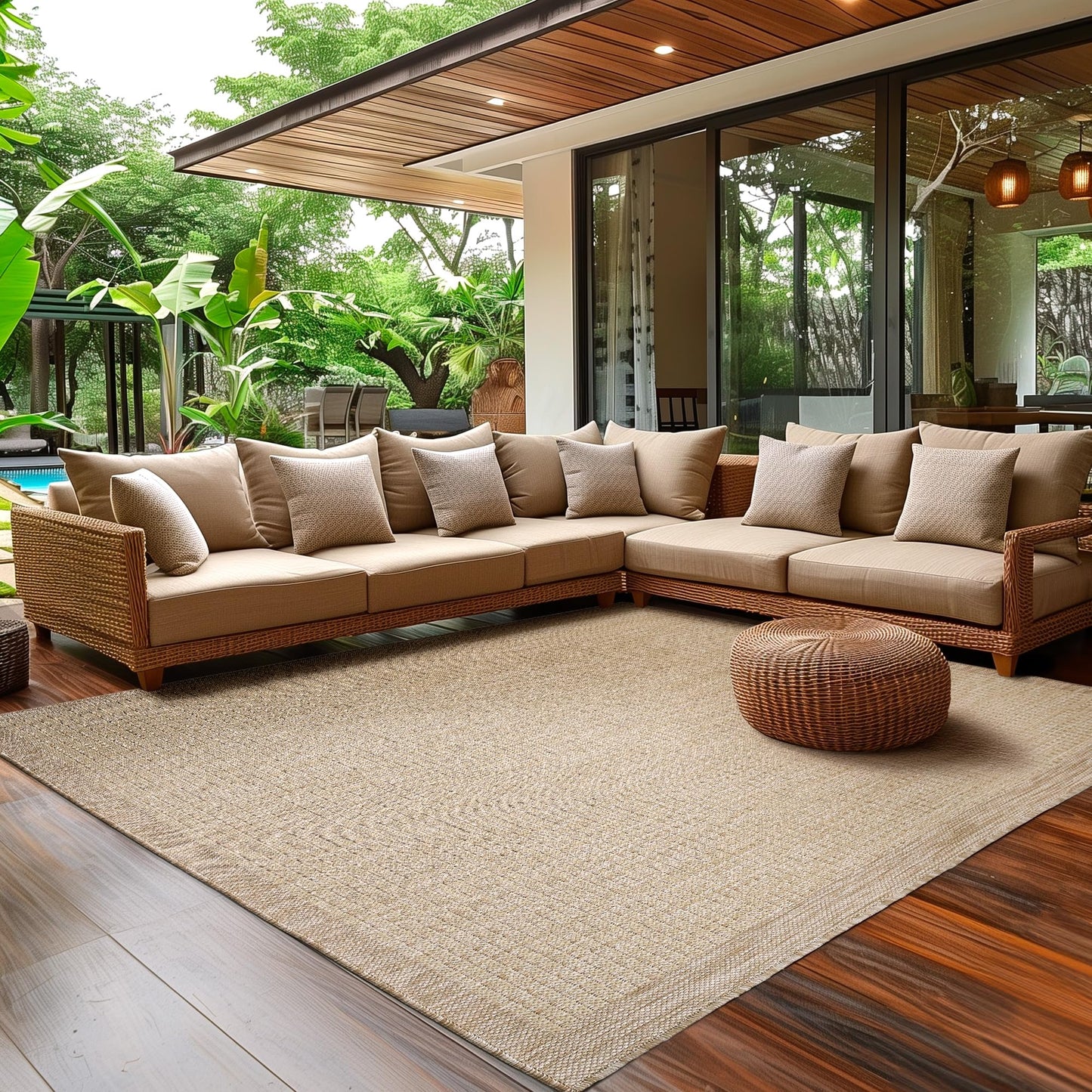 SIMPEX Outdoor Weatherproof Rug for Patio, Balcony, Garden, Kitchen, Plain Design, Flat Weave, Sisal Look, Washable Rug, Size: 140 x 200 cm, Colour: Beige
