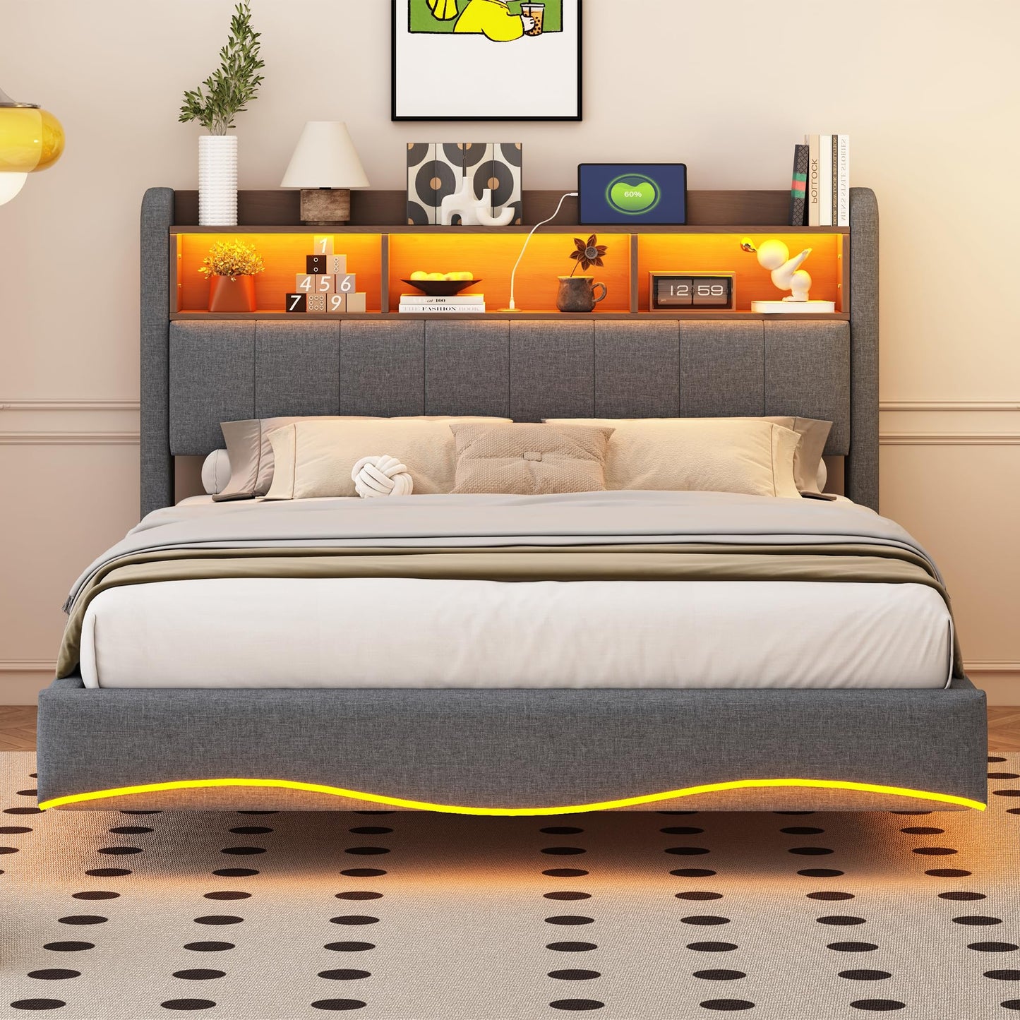 LAKFEW Polsterbett 140X200 cm, Doppelbett Stauraumbett mit LED-Beleuchtung, Erwachsenenbett mit USB/Typ-C, Bettgestell Bett mit Lattenrost, Ohne Matratze, Grau, Leinen