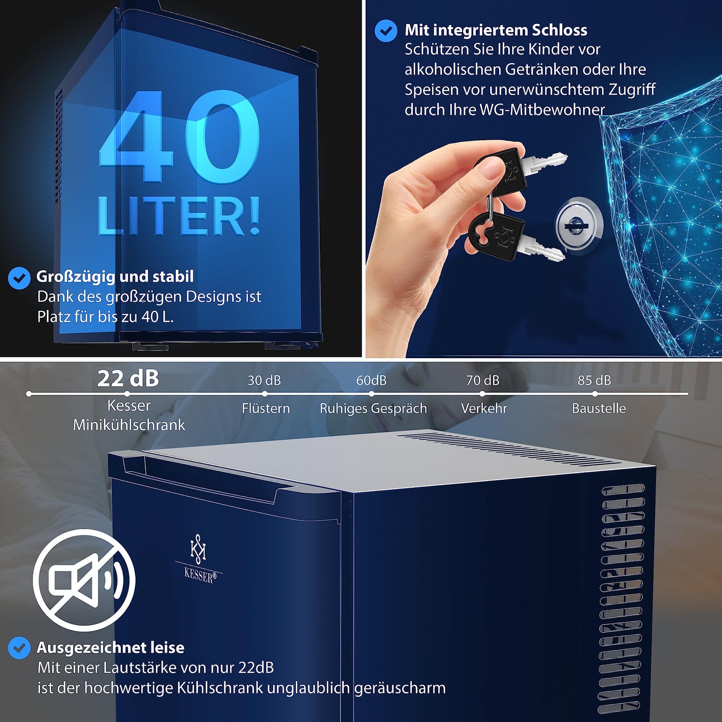 KESSER® Mini Fridge 40 L Lockable Mini Bar Ideal for Camping, Office, Bedroom, Hotel, Kitchen, Small Fridge Completely Silent, Interchangeable Door Hinge, Interior Lighting with Glass Opener