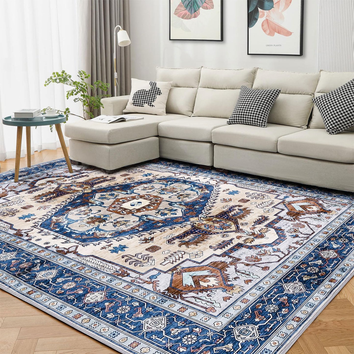WONGS BEDDING Boho Rug Living Room Bedroom Short Pile Rugs Washable Soft Non-Slip Vintage Design