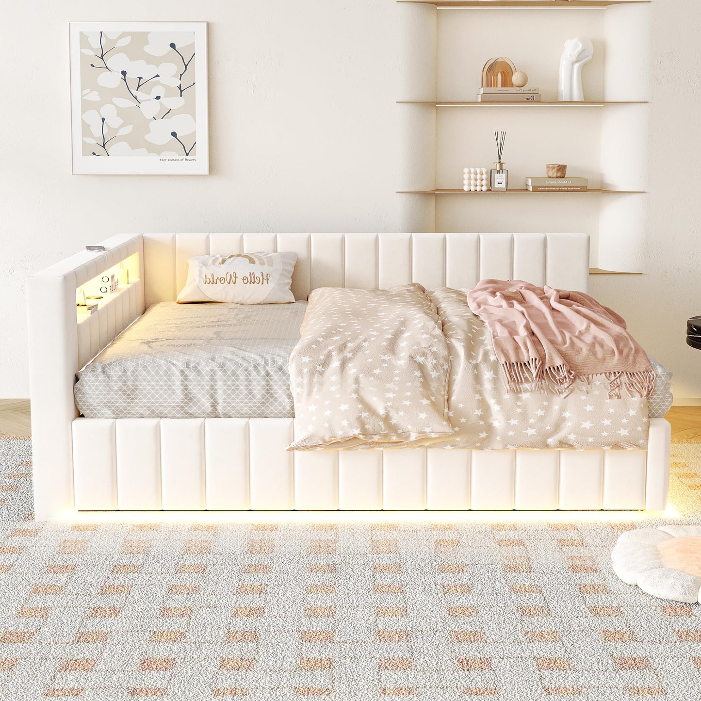 KEYIDE Upholstered Sofa Bed, 140 x 200 cm with LED Lighting and USB Charging, Bed Frame with Wooden Slatted Frame, Day Bed, Guest Bed, Youth Bed, Velvet Fabric, Without Mattress (Grey, 140 x 200)