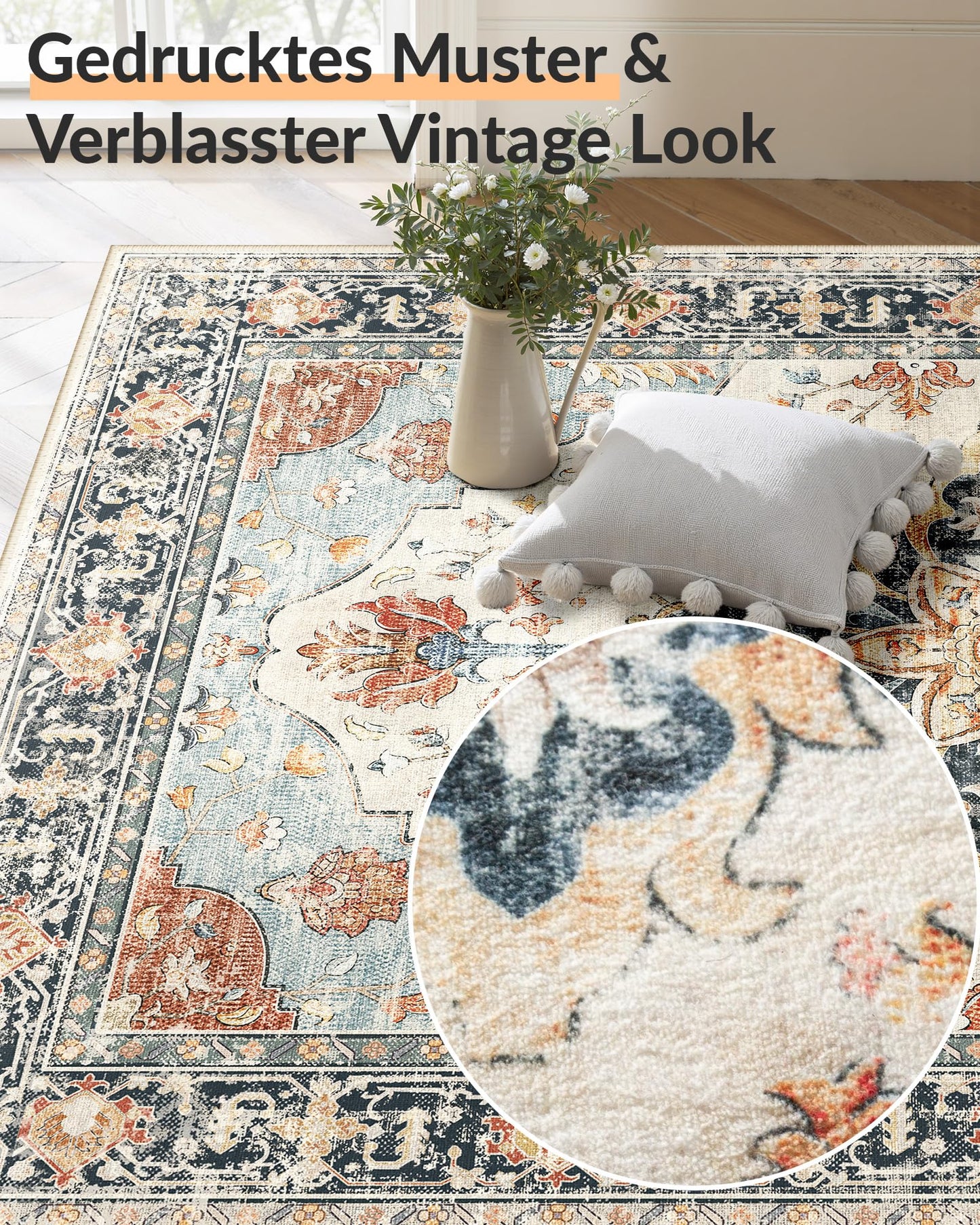 INOVADAY Vintage Waschbarer Teppich Wohnzimmer 90x150 cm Boho Kurzflor rutschfest Teppich Weich Teppiche mit Druckmuster für Schlafzimmer, Esszimmer, Büro Beige/Blau/Orange