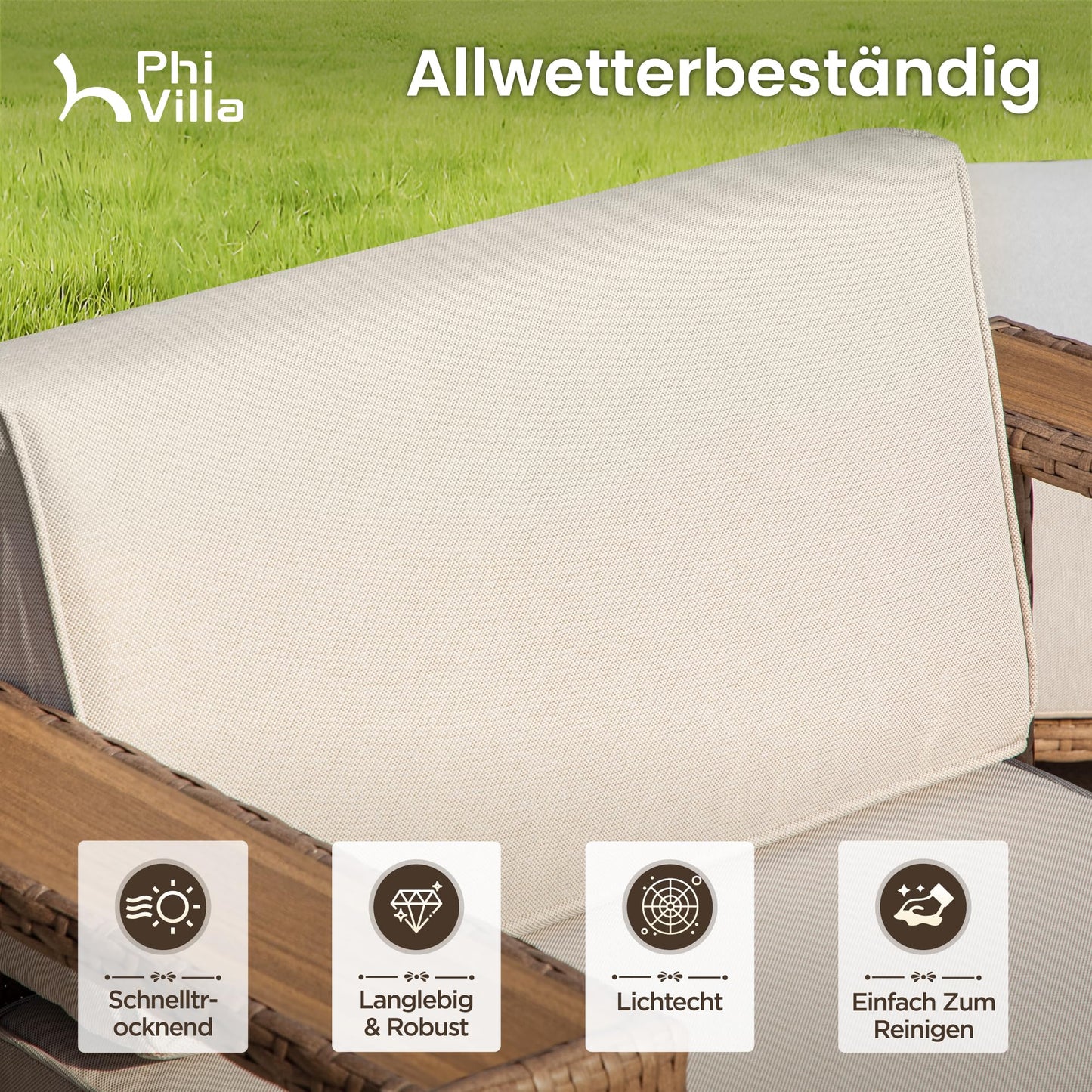 PHI VILLA Rattan Gartenmöbel Set Balkonmöbel für 6, Lounge Möbel Outdoor Sofa Sets für Garten und Terrasse, Allwetter Gartensofa Terassenmöbel Außen mit Dicken Weißen Kissen und Ergonomischem Design