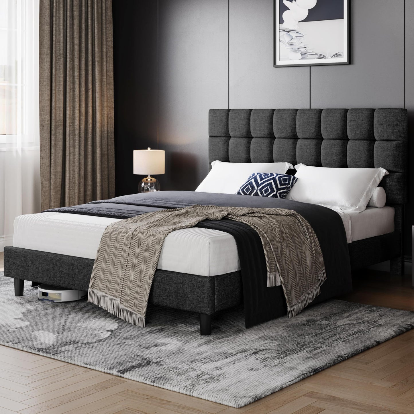 Yaheetech Upholstered Bed 140 x 200 cm Double Bed with Height-Adjustable Headboard, Sturdy Bed Frame, Fabric Bed with Slatted Frame, Padded Bed Frame, Youth Bed, Dark Grey